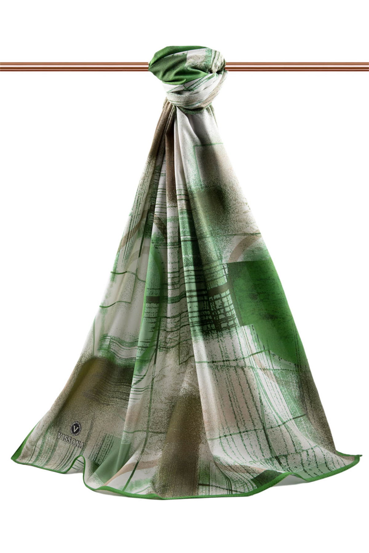LÜKS MEDİNE İPEĞİ GEOMETRİK DESENLİ ZÜMRÜT YEŞİLİ RENKLİ 75X195 KIRIŞMAZ ŞAL MOSS KREP DİKİŞ TİPİ İTALYAN DİKİŞLİ