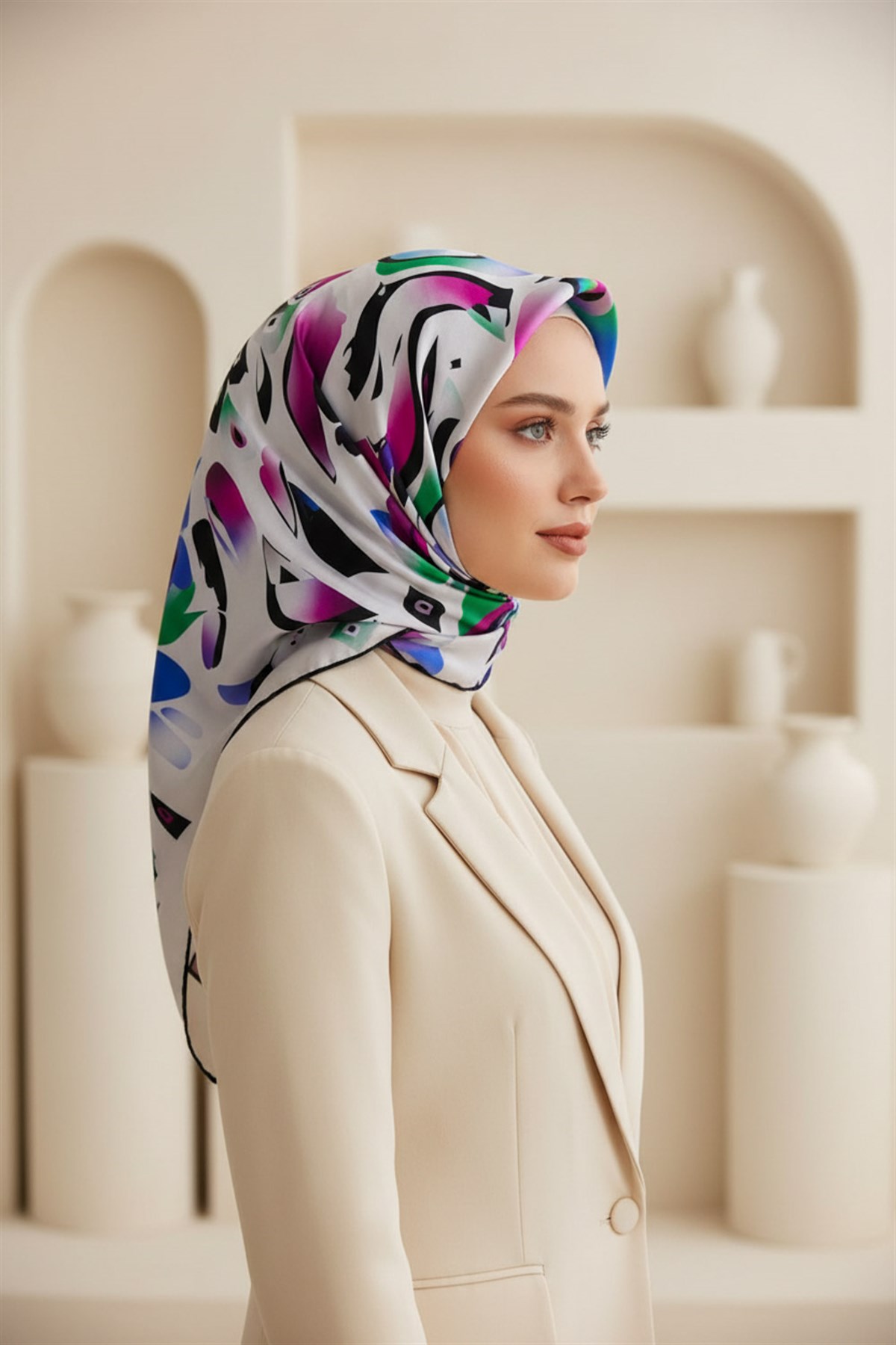 %100 Twill İpek Geometrik Desenli Fuşya - Saks Renkli 90x90 Eşarp Dikim Şekli : El Dikişi
