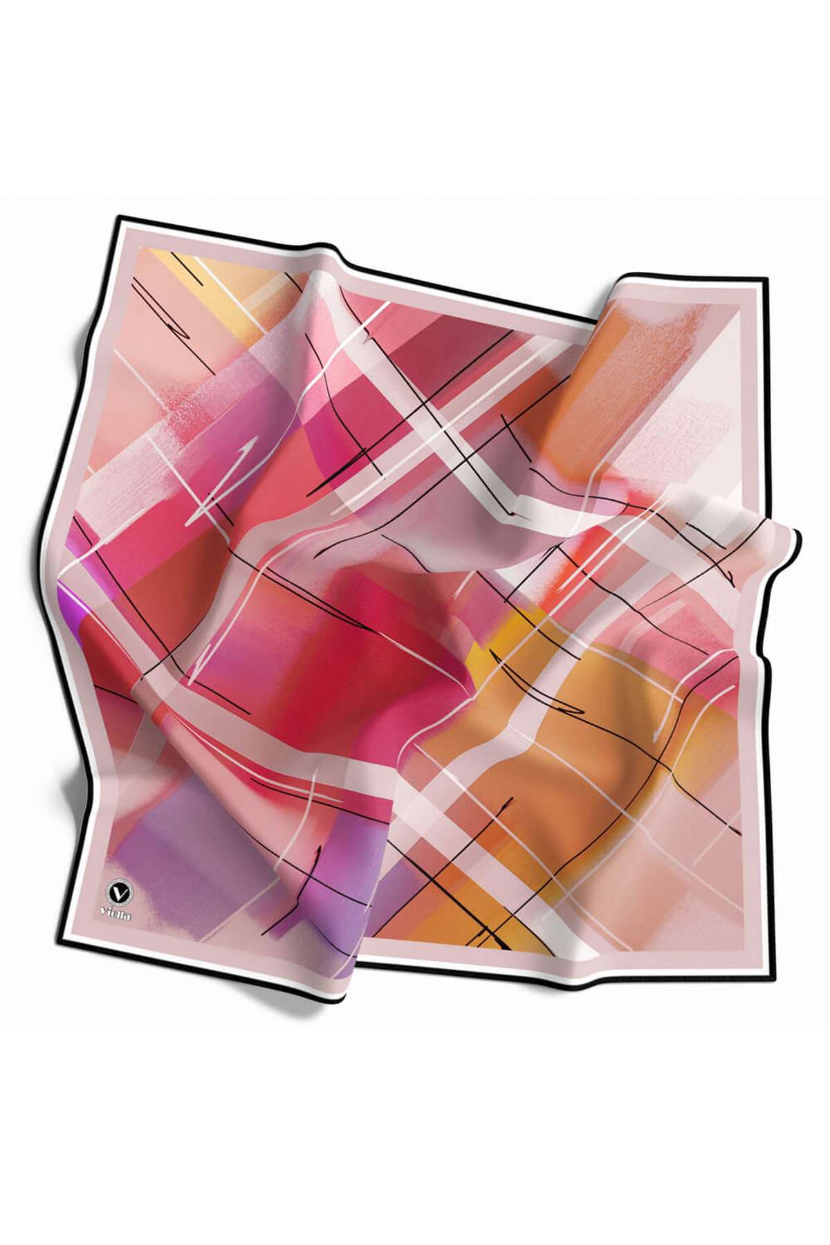 Kristal Ekose Desenli Pembe Renkli 90x90 Eşarp (İpek İçermez) Kenar Dikiş Şekli El Dikişli