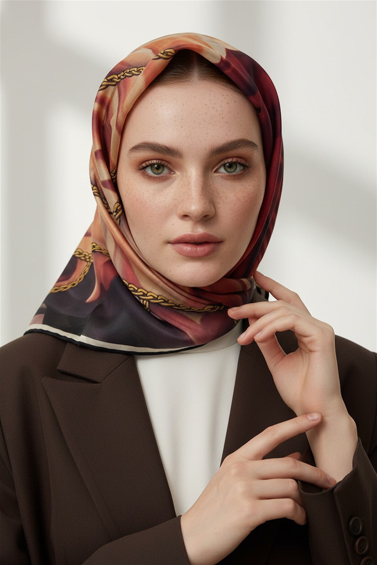 % 57 İPEK % 43 VİSKON Twill İpek Çiçek Geometrik Desenli tabalı kırmızılı Renkli 90x90 Eşarp Dikim Şekli : El Dikişi