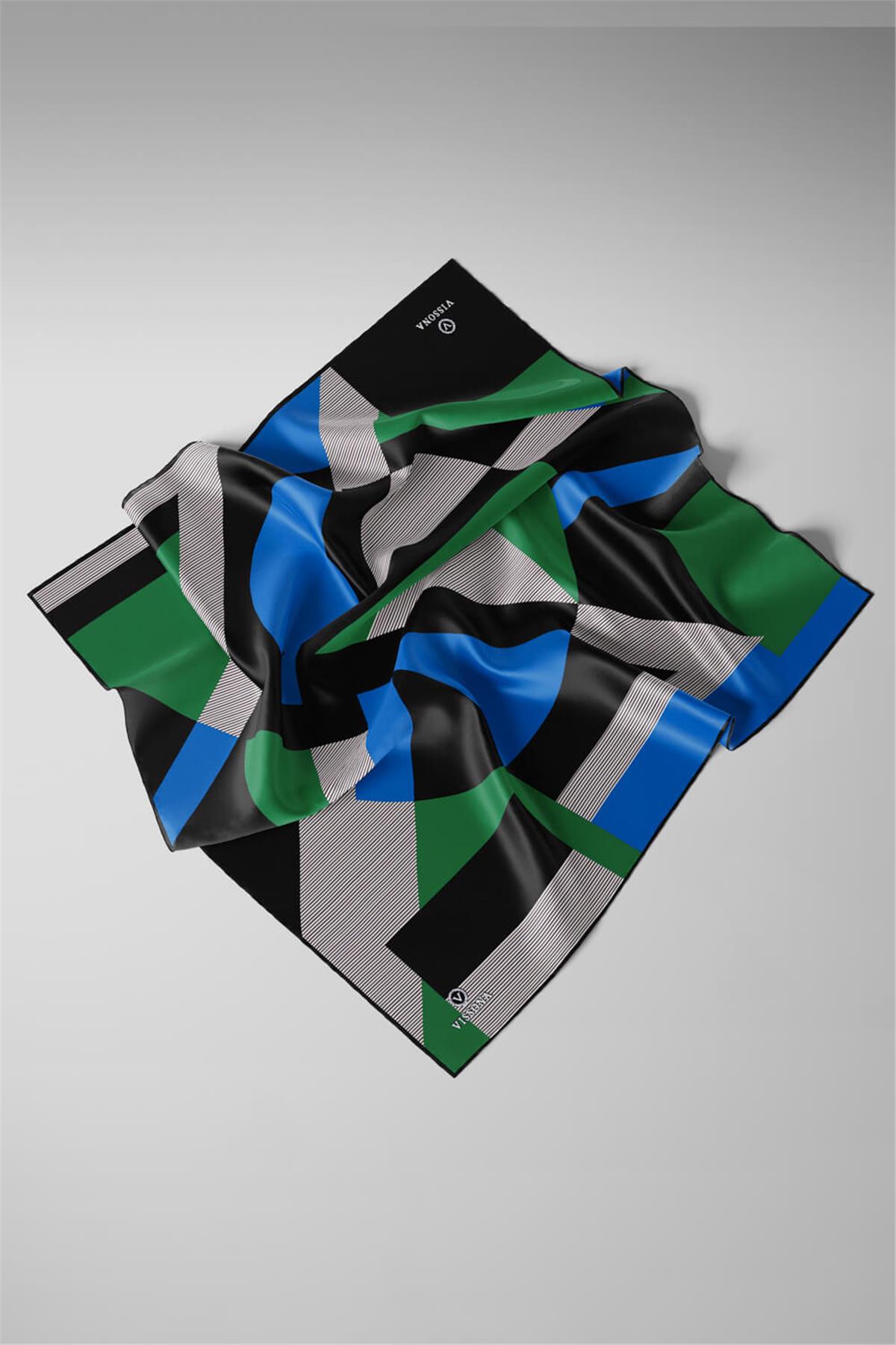 %100 Twill İpek Geometrik Çizgi Desenli Saks - Zümrüt Yeşili Renkli 90x90 Eşarp Kenar Dikiş Şekli El Dikişli