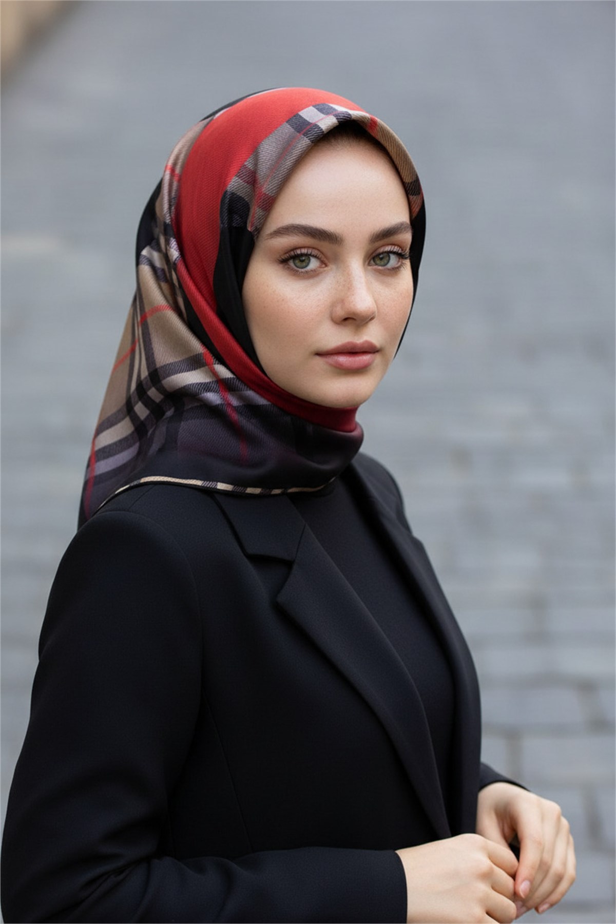 %100 Twill İpek Eşarp 90x90 Kırmızı Siyah Ekose Desenli El Dikişli Kadın Eşarp