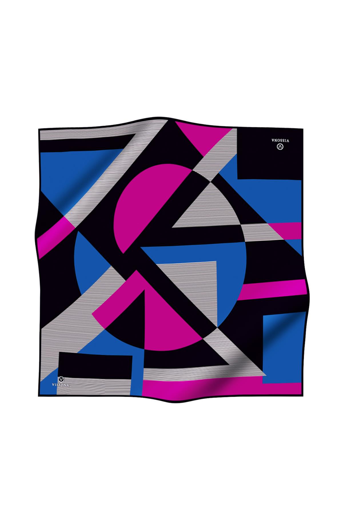 %100 Twill İpek Geometrik Çizgi Desenli Saks - Fuşya Renkli 90x90 Eşarp Kenar Dikiş Şekli El Dikişli
