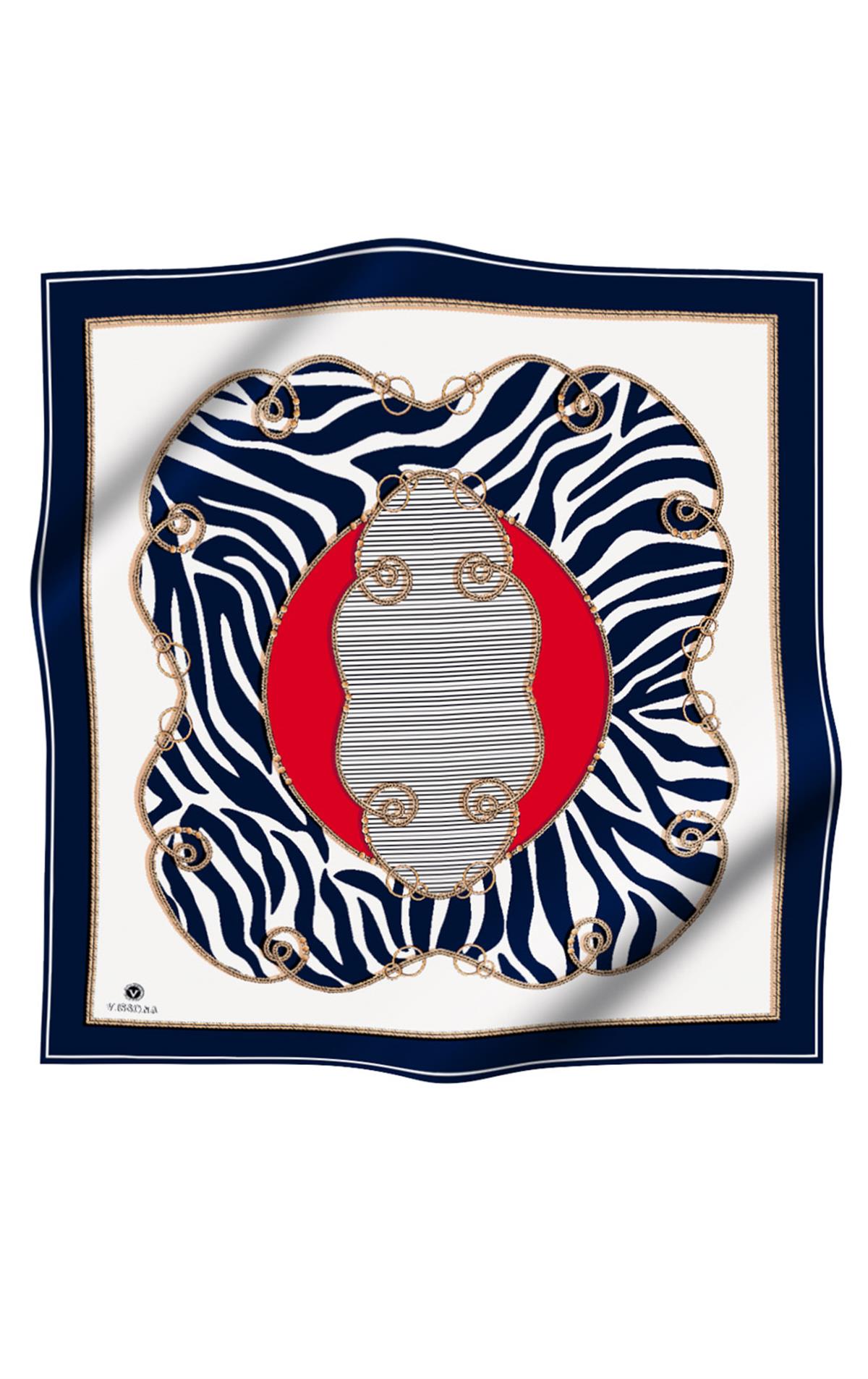 %100 Twill İpek Zincirli Ve Zebra Desenli Lacivert - Kırmızı Renkli 90x90 Eşarp Dikim Şekli : El Dikişi