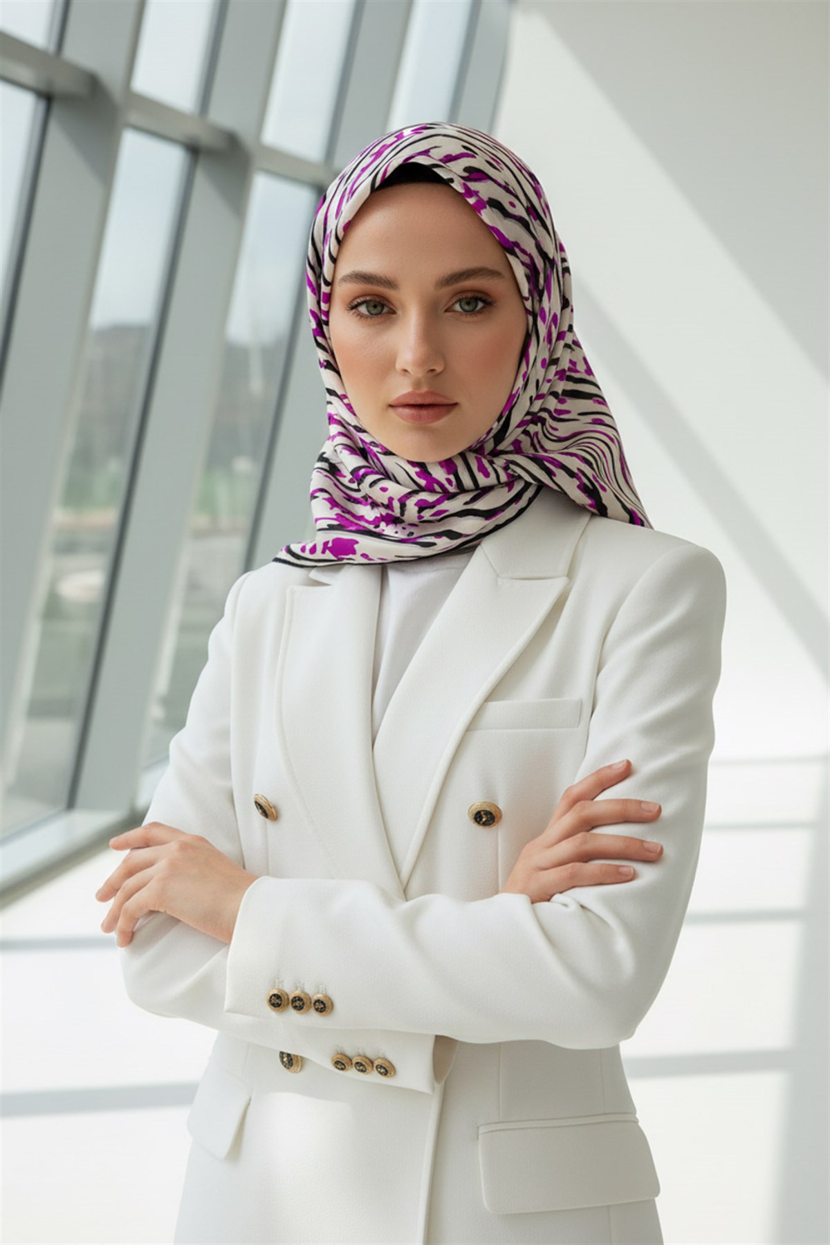 %100 Twill İpek Çizgi Desenli Krem - Fuşya Renkli 90x90 Eşarp Dikim Şekli : El Dikişi