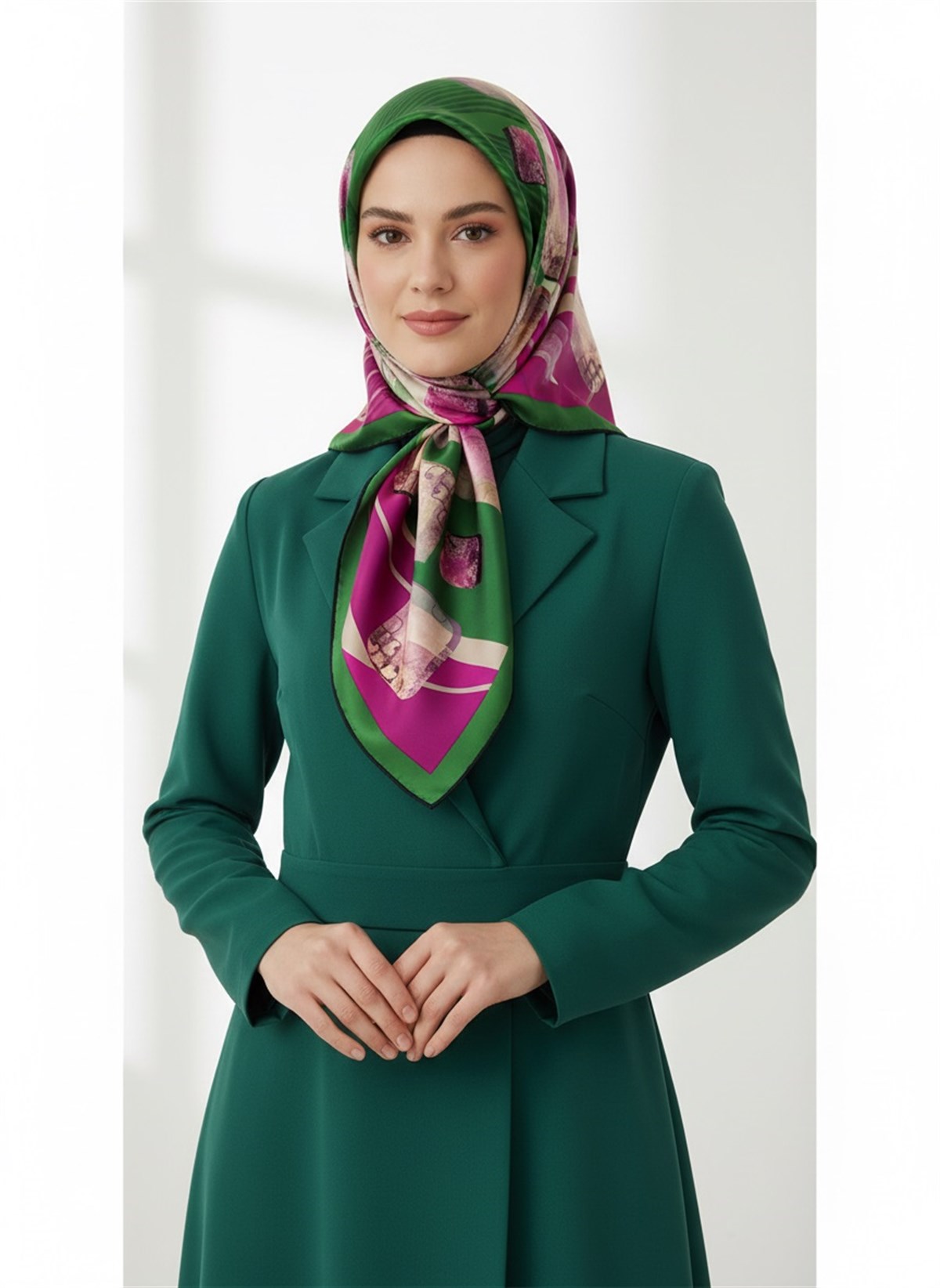 %100 Twill İpek Geometrik Desenli Zümrüt Yeşili - Fuşya Renkli 90x90 Eşarp Dikim Şekli : El Dikişi
