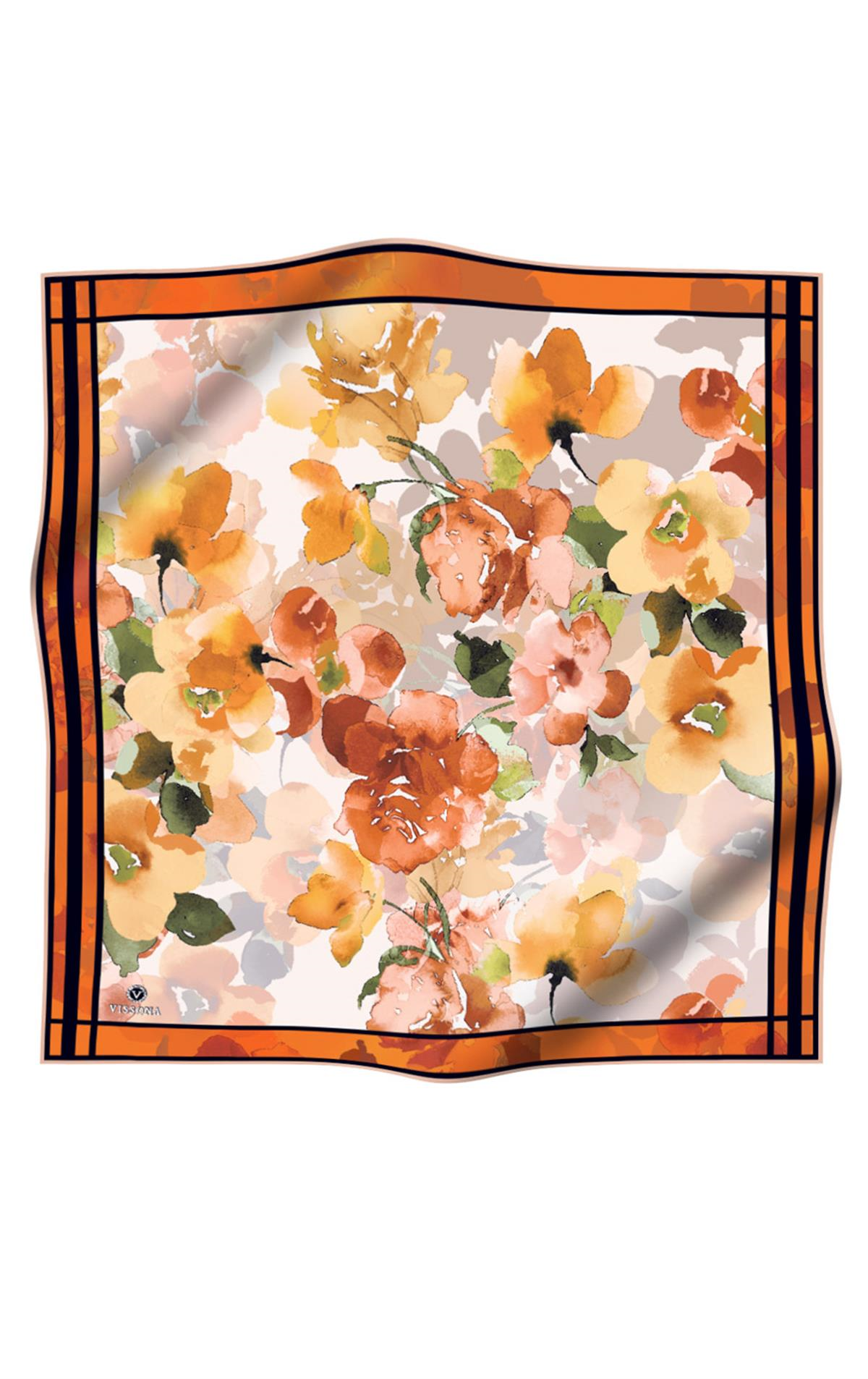 % 57 İPEK % 43 VİSKON Twill İpek Sulu Boyalı Çiçek Desenli Turuncu - Gold Renkli 90x90 Eşarp Dikim Şekli : El Dikişi