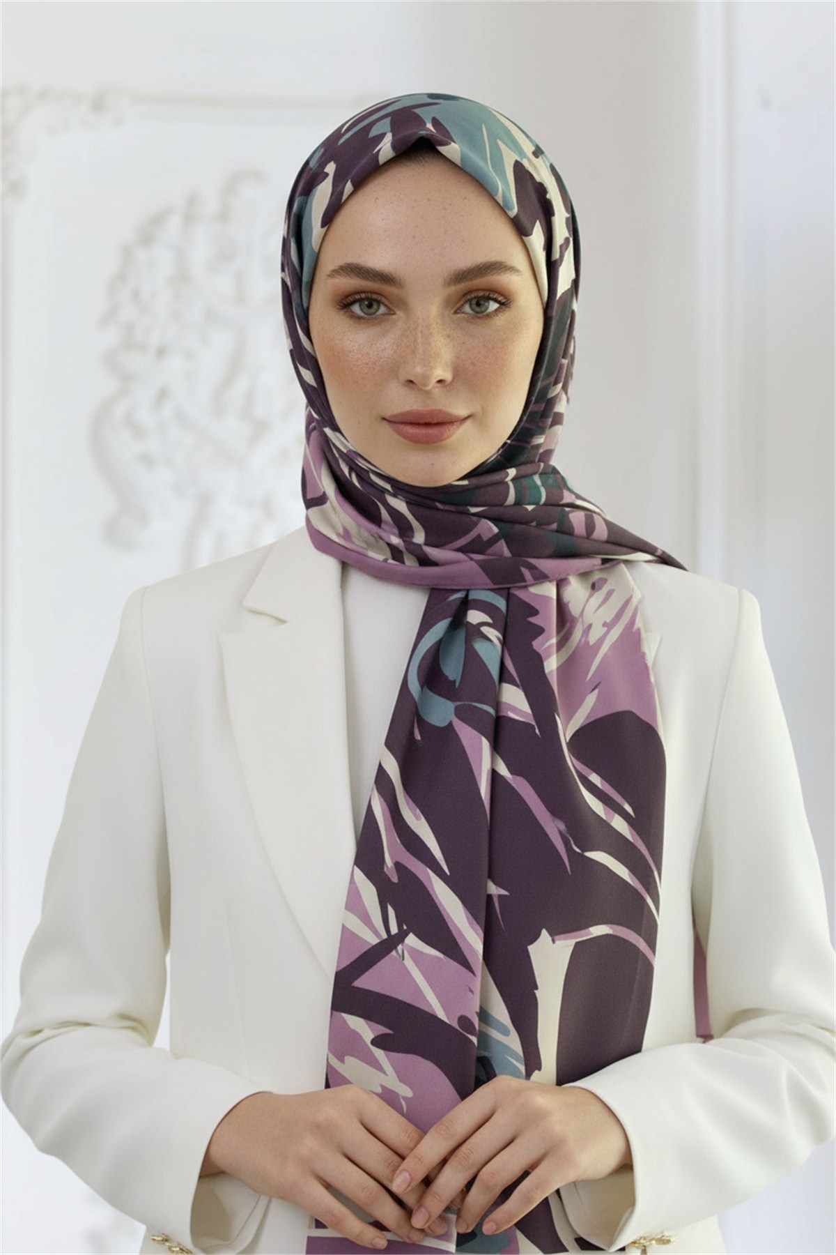 KREP GEOMETRİK DESENLİ LİLA RENKLİ 75X195 KIRIŞMAZ ŞAL