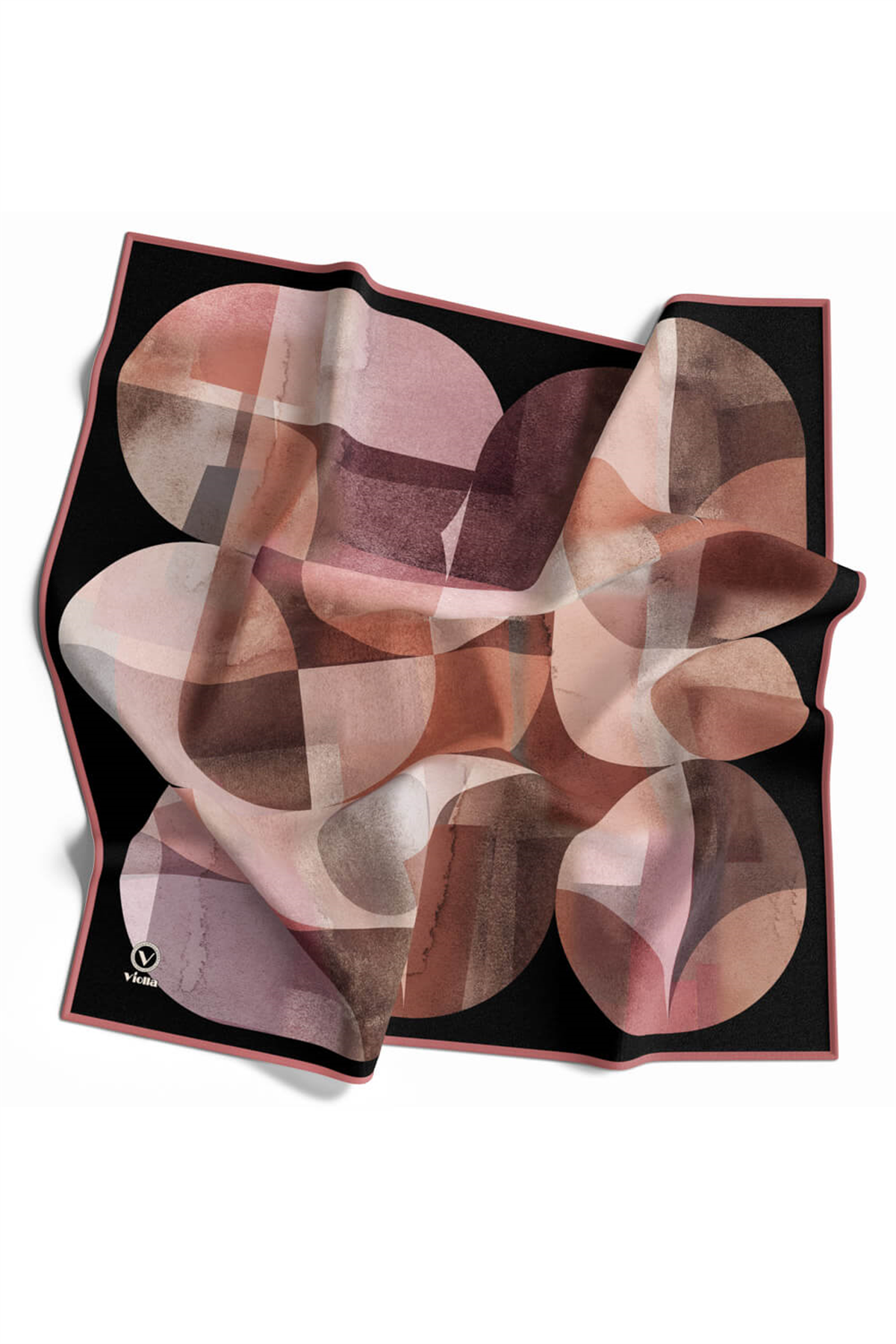 Twill Geometrik Desenli Pembe Renkli 90x90 Eşarp (İpek İçermez)Kenar Dikiş Şekli El Dikişli