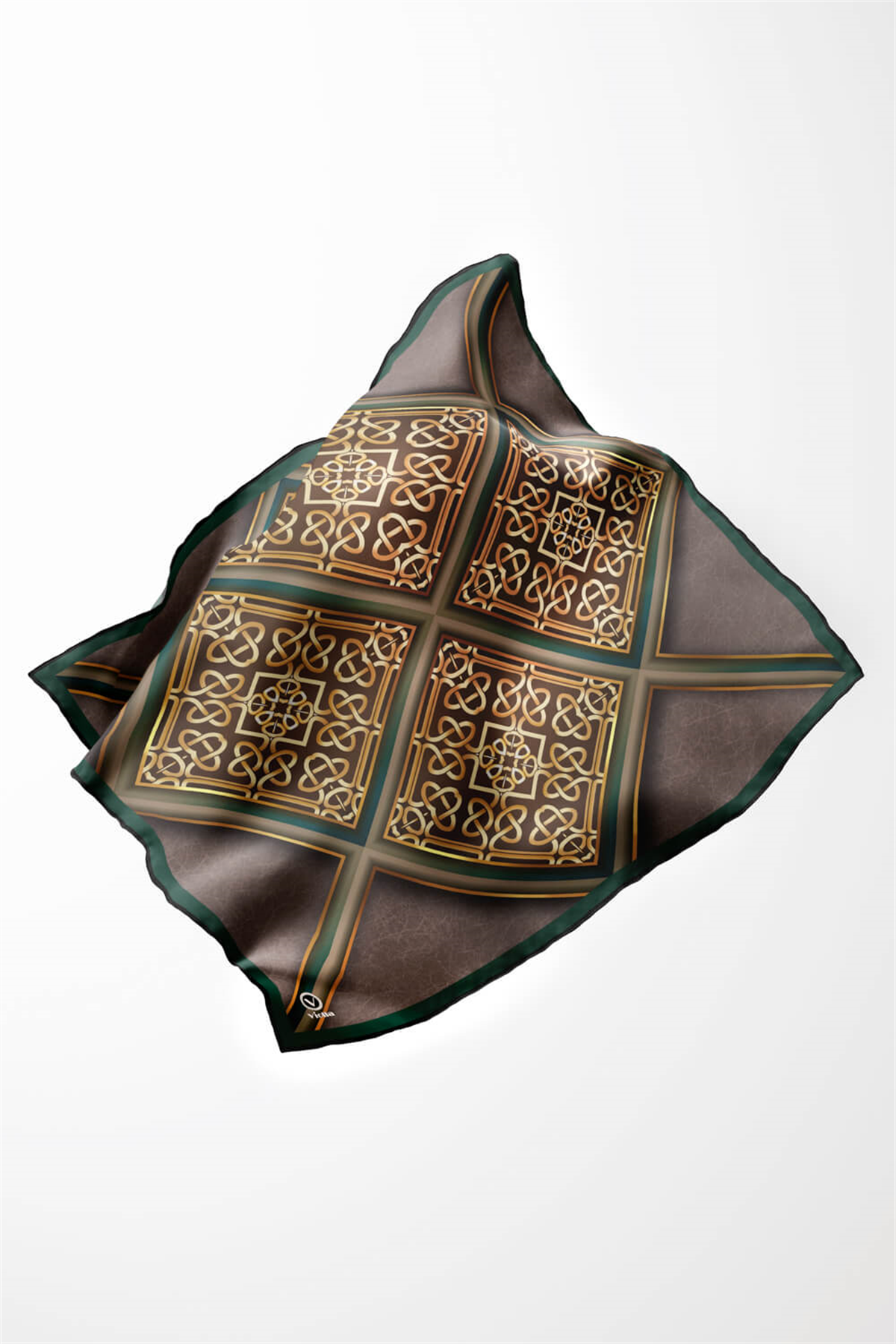 Twill Gold Çerçeveli Barok Desenli Zümrüt Yeşili Renkli 90x90 Eşarp (İpek İçermez) Kenar Dikiş Şekli El Dikişli