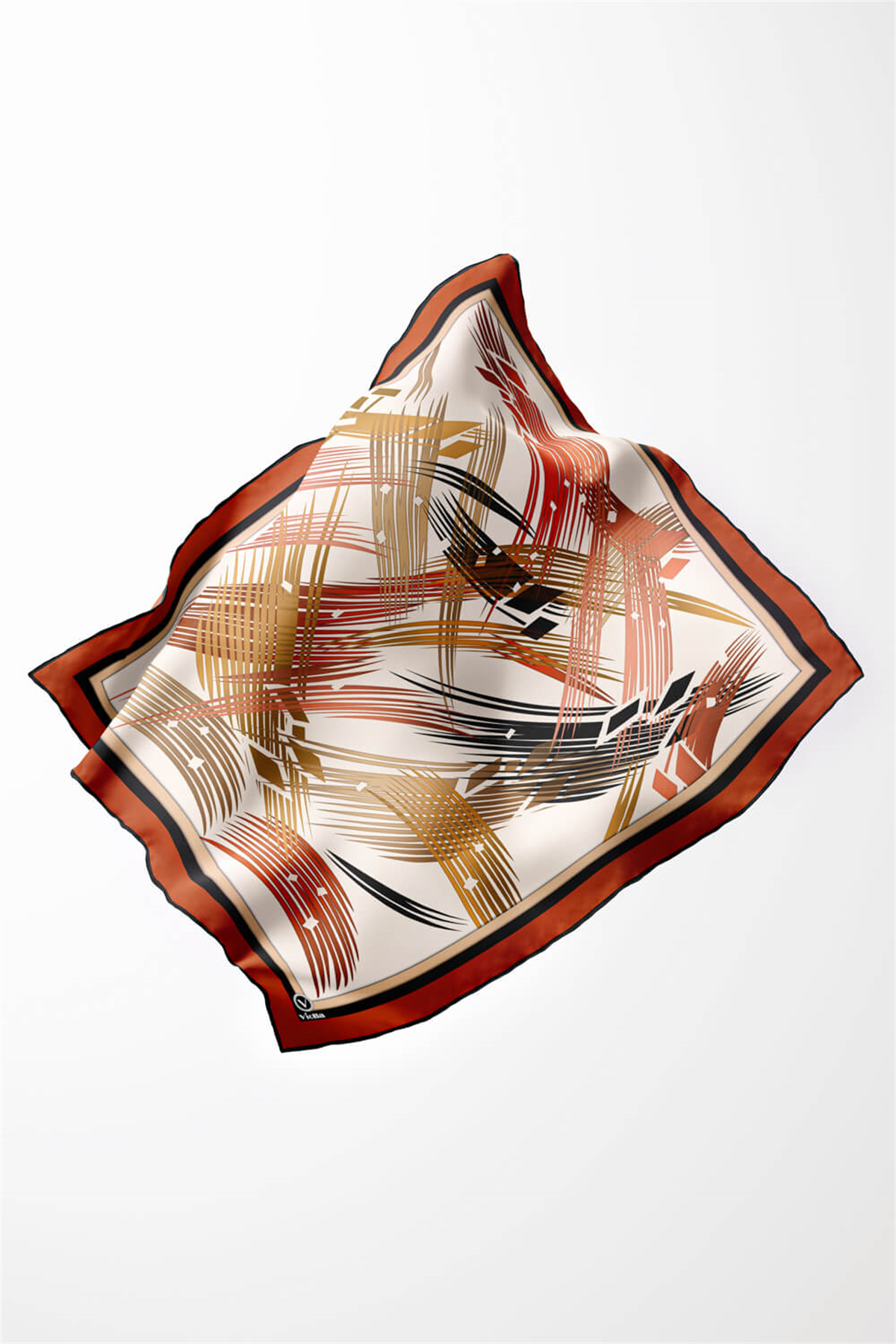 Twill Geometrik Desenli Taba Renkli 90x90 Eşarp (İpek İçermez) Kenar Dikiş Şekli El Dikişli