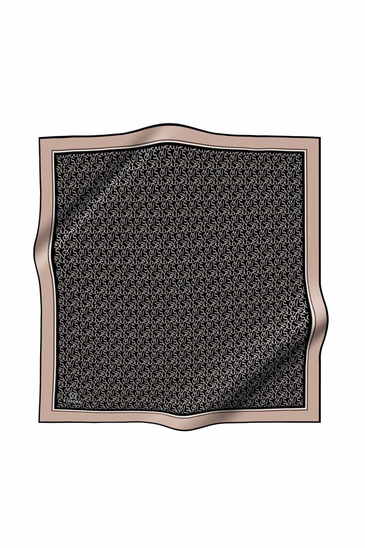 %100 Twill İpek Harf Desenli Siyah - Vizon Renkli 90x90 Eşarp Dikim Şekli : El Dikişi