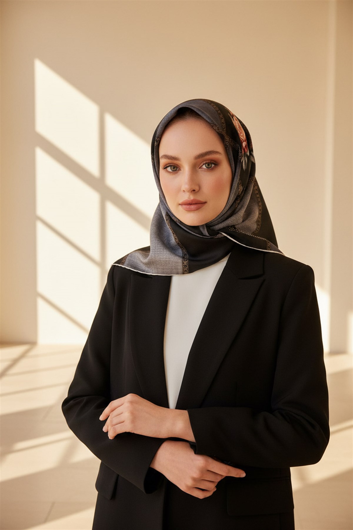 %100 Twill İpek Dokulu Çiçekli Ve Geometrik Desenli Siyah - Gri Renkli 90x90 Eşarp Dikim Şekli : El Dikişi