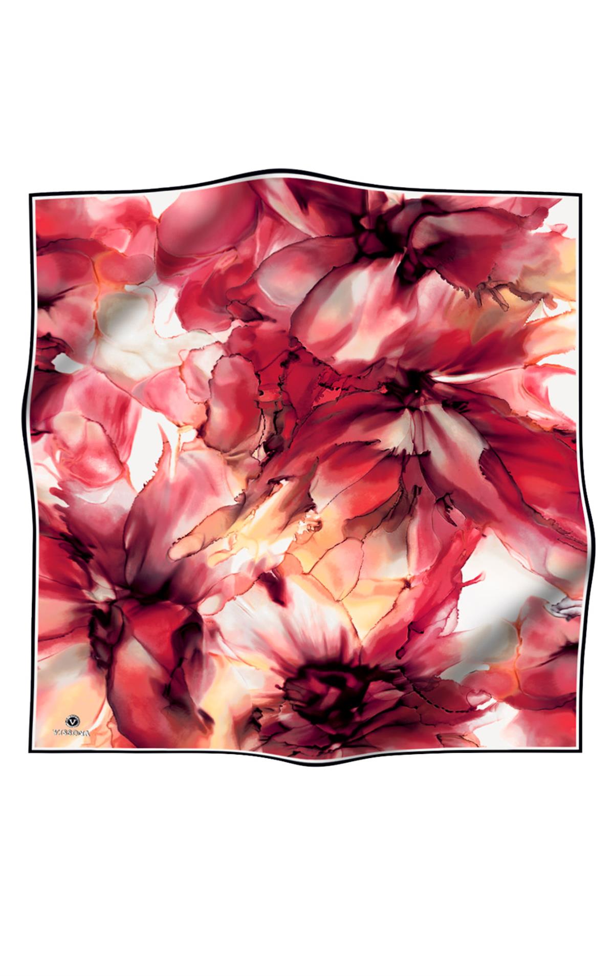 %100 Twill İpek Batik Çiçek Desenli Bordo - Hardal Renkli 90x90 Eşarp