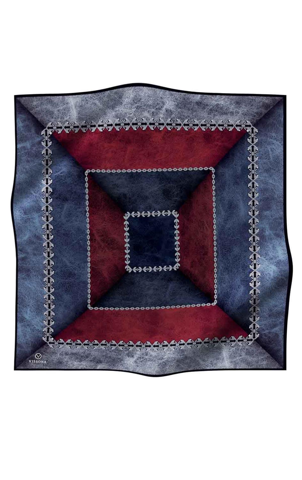 %100 Twill İpek Geometrik Desenli İndigo - Bordo Renkli 90x90 Eşarp Dikim Şekli : El Dikişi