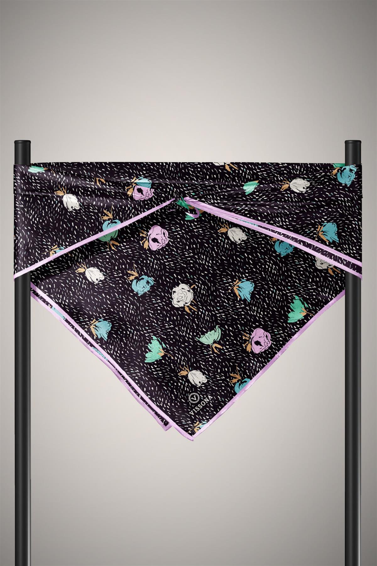 %100 Twill İpek Çıtır Çiçek Desenli Lila - Su Yeşili Renkli 90x90 Eşarp Dikim Şekli : El Dikişi