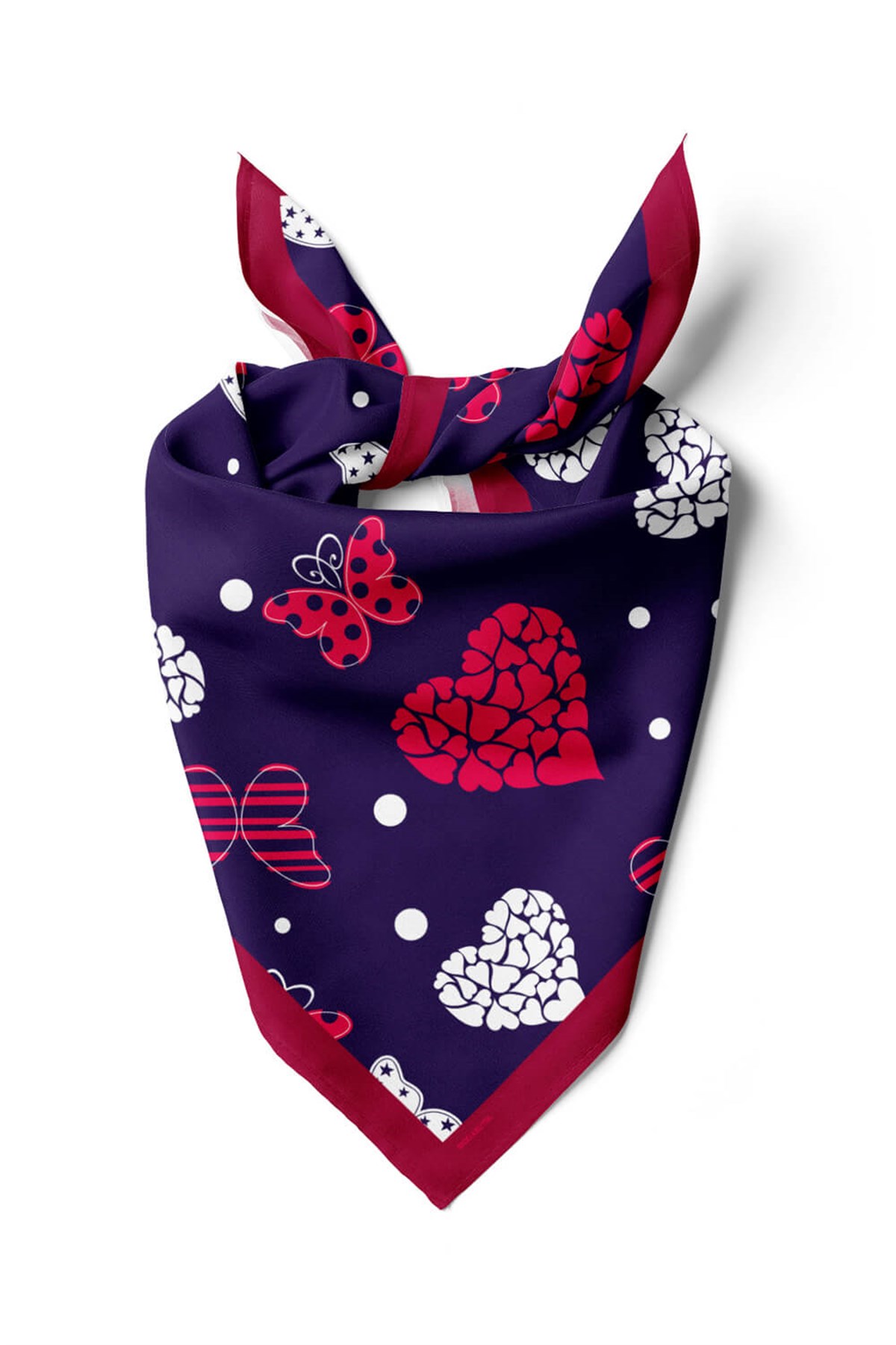 Violla Y16 Kadın Kalp Ve Kelebek Desenli Bandana 50x50 Kırmızı Beyaz Mavi DG0471-22