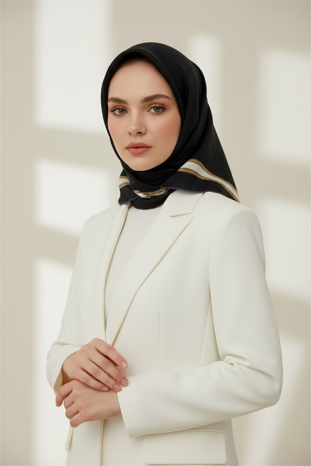 % 57 İPEK % 43 VİSKON Twill İpek Dokulu Şerit Desenli Siyah - Kremi Renkli 90x90 Eşarp Dikim Şekli : El Dikişi