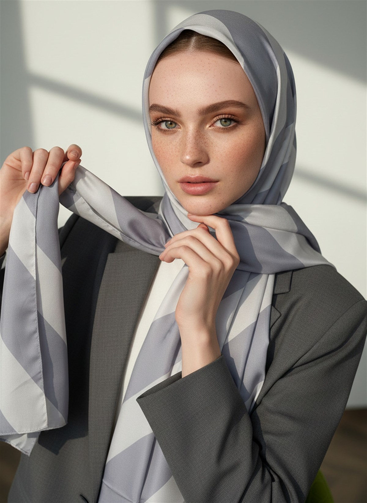 %100 Saf İpek Şal İnce Saten Vual Dokuma Çizgili Desenli Gri - Gümüş Renkli 90x210 Şal