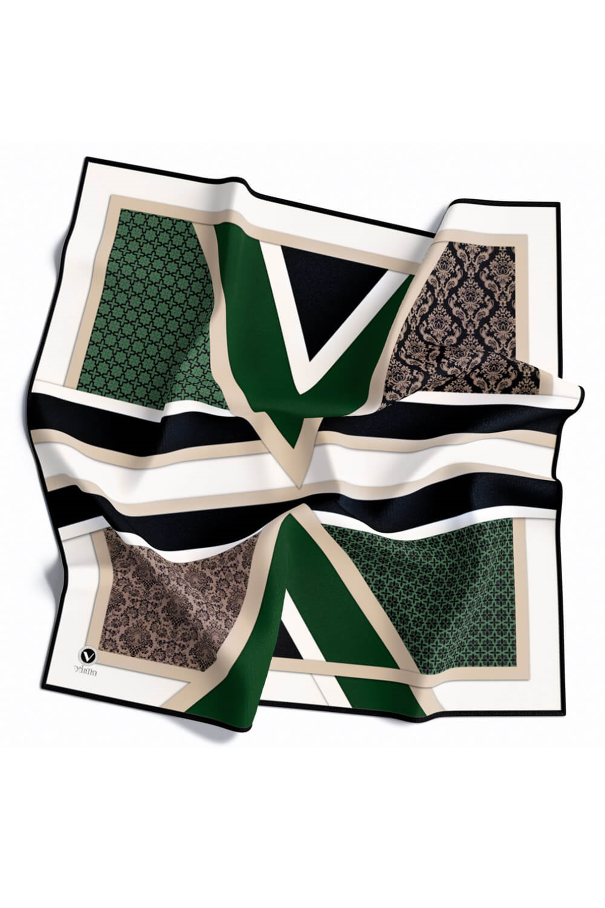 Twill Geometrik Barok Desenli Zümrüt Yeşili - Siyah Renkli 90x90 Eşarp (İpek İçermez) Kenar Dikiş Şekli El Dikişli