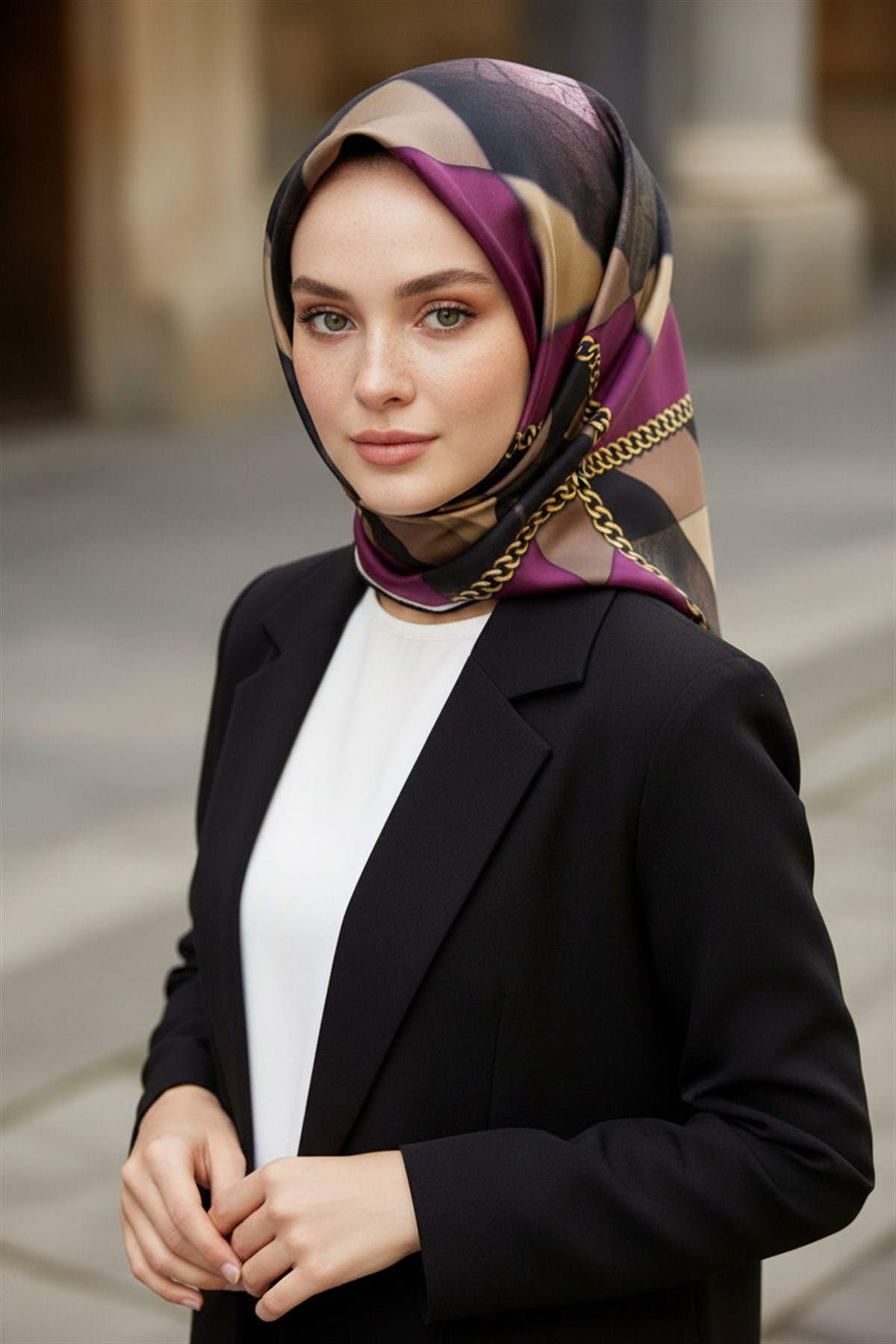 % 57 İPEK % 43 VİSKON Twill İpek Taş Efekti Desenli Mürdüm - Siyah Renkli 90x90 Eşarp Dikim Şekli : El Dikişi