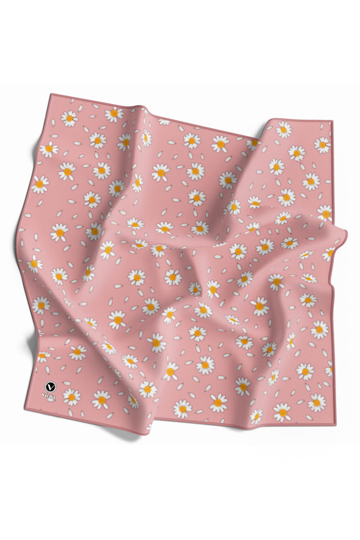 Twill Papatya Desenli Pudra Renkli 90x90 Eşarp (İpek İçermez) Kenar Dikiş Şekli El Dikişli