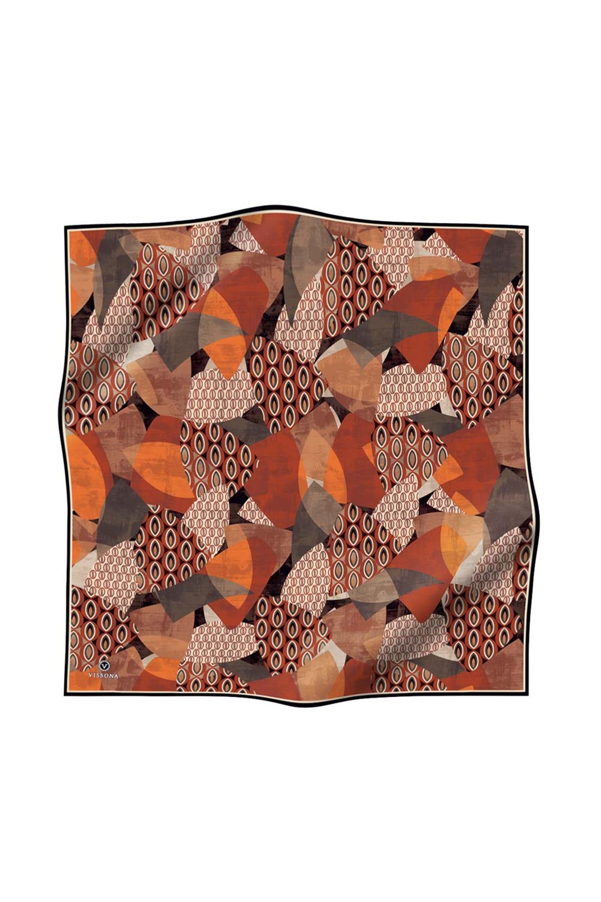 %100 Twill İpek Geometrik Desenli Kahverengi - Taba Renkli 90x90 Eşarp Eşarp Kenar Dikiş Şekli El Dikişli