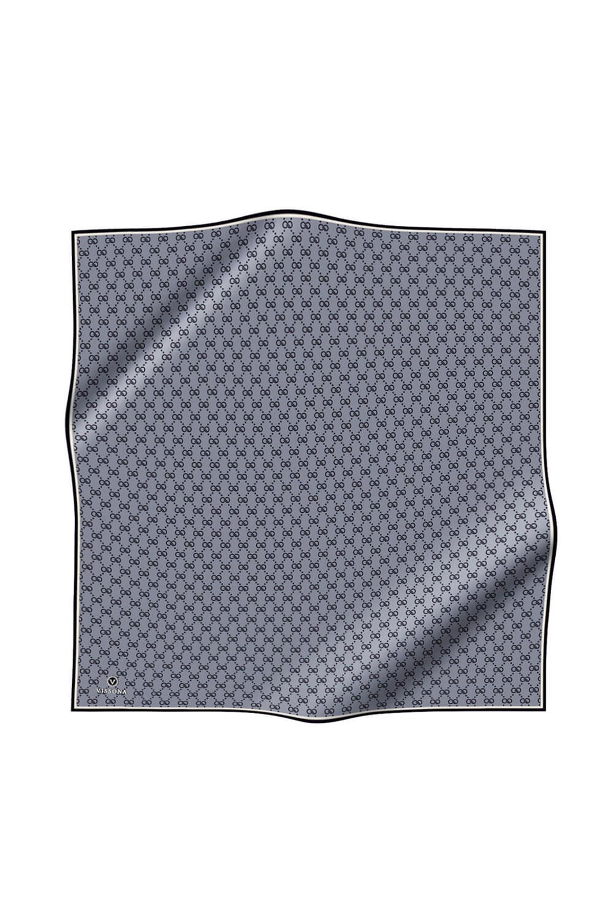 %100 Twill İpek Geometrik Desenli Siyah - Gri Renkli 90x90 Eşarp Dikim Şekli : El Dikişi
