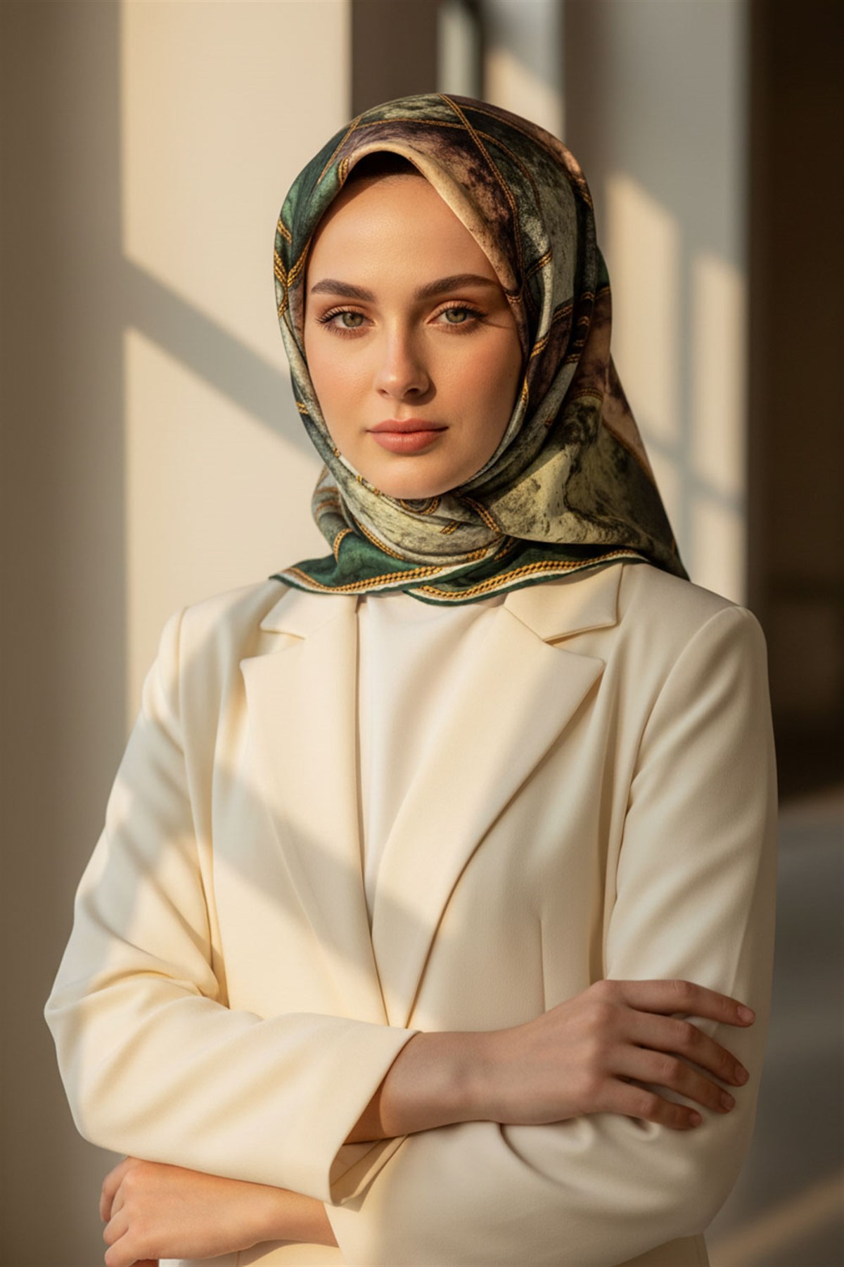 %100 Twill İpek Zincirli Mermer Desenli Zümrüt Yeşili - Haki Renkli 90x90 Eşarp Dikim Şekli : El Dikişi
