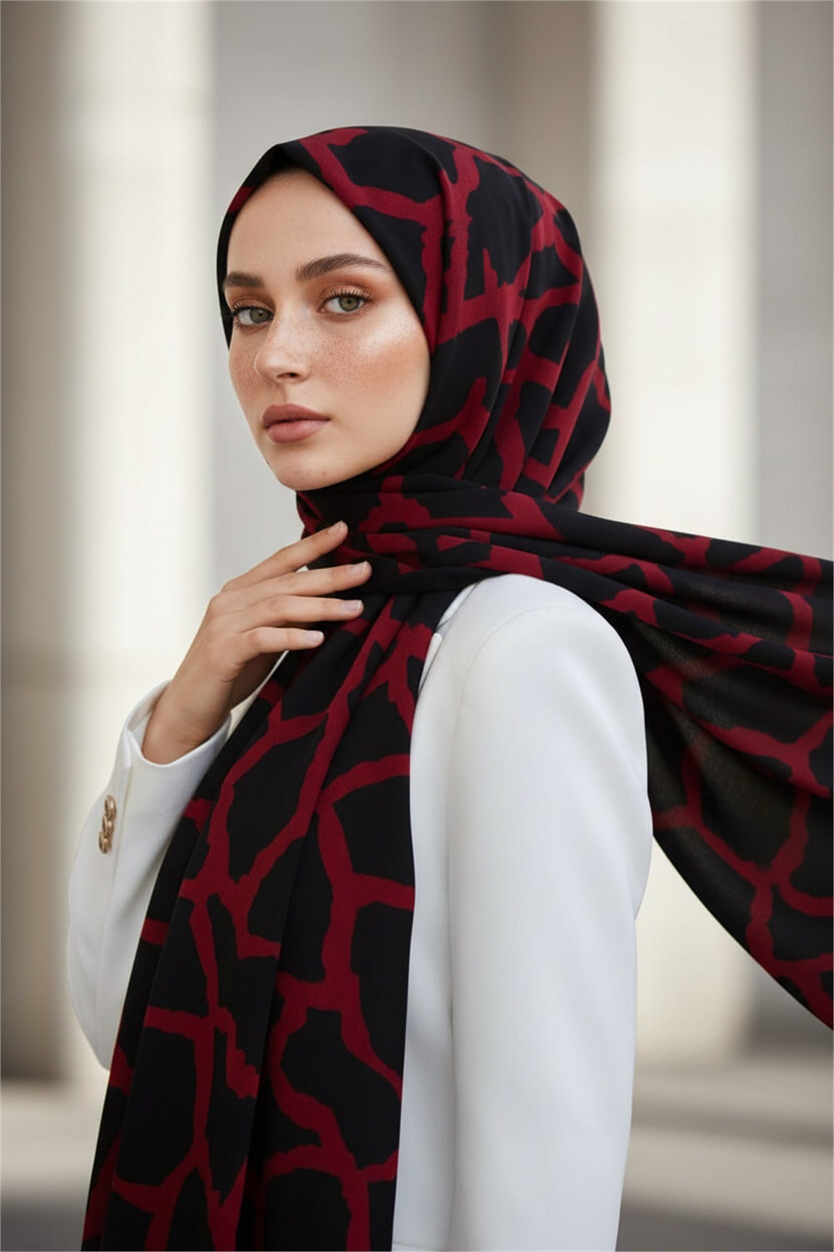 KREP TAŞ DESENLİ SİYAH - KIRMIZI RENKLİ 75X195 KIRIŞMAZ ŞAL