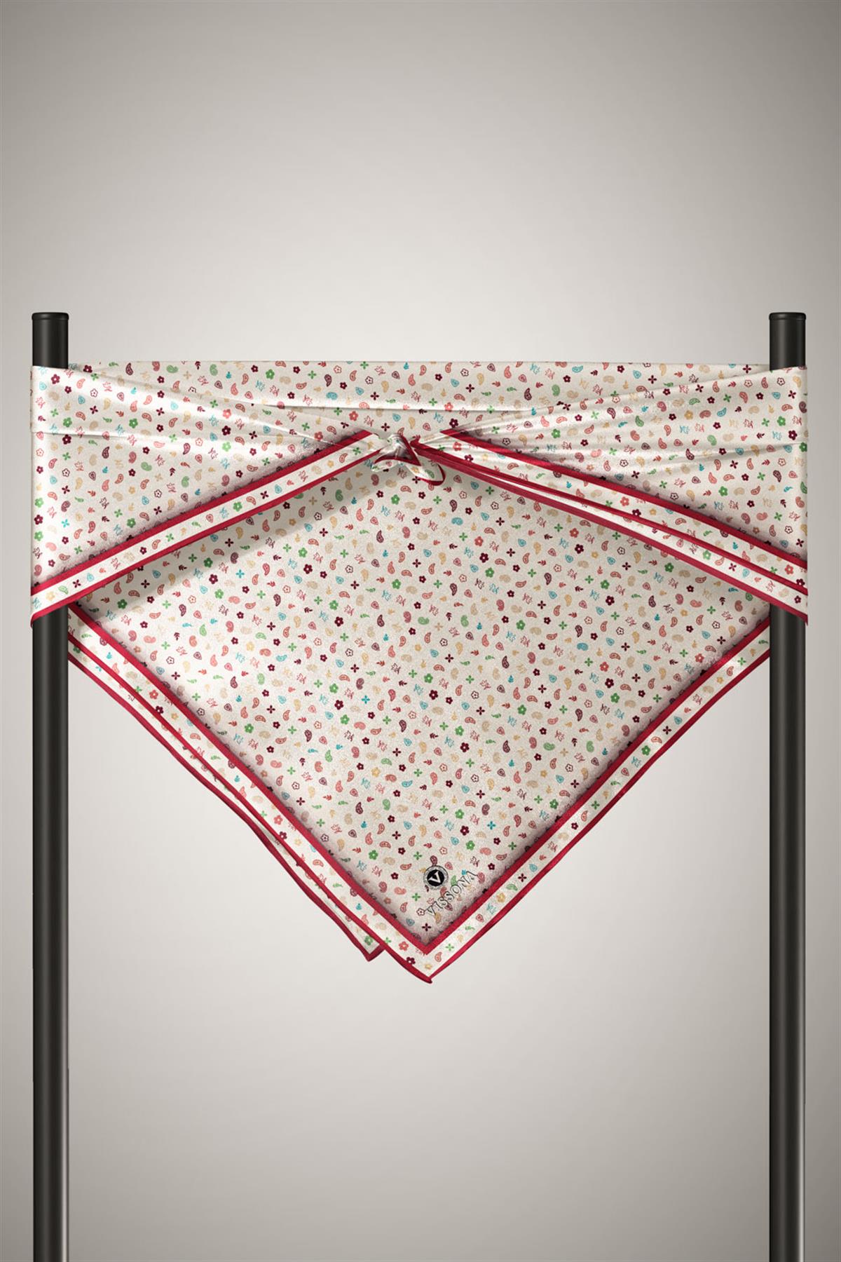 %100 Twill İpek Çıtır Desenli Krem - Bordo Renkli 90x90 Eşarp Dikim Şekli : El Dikişi