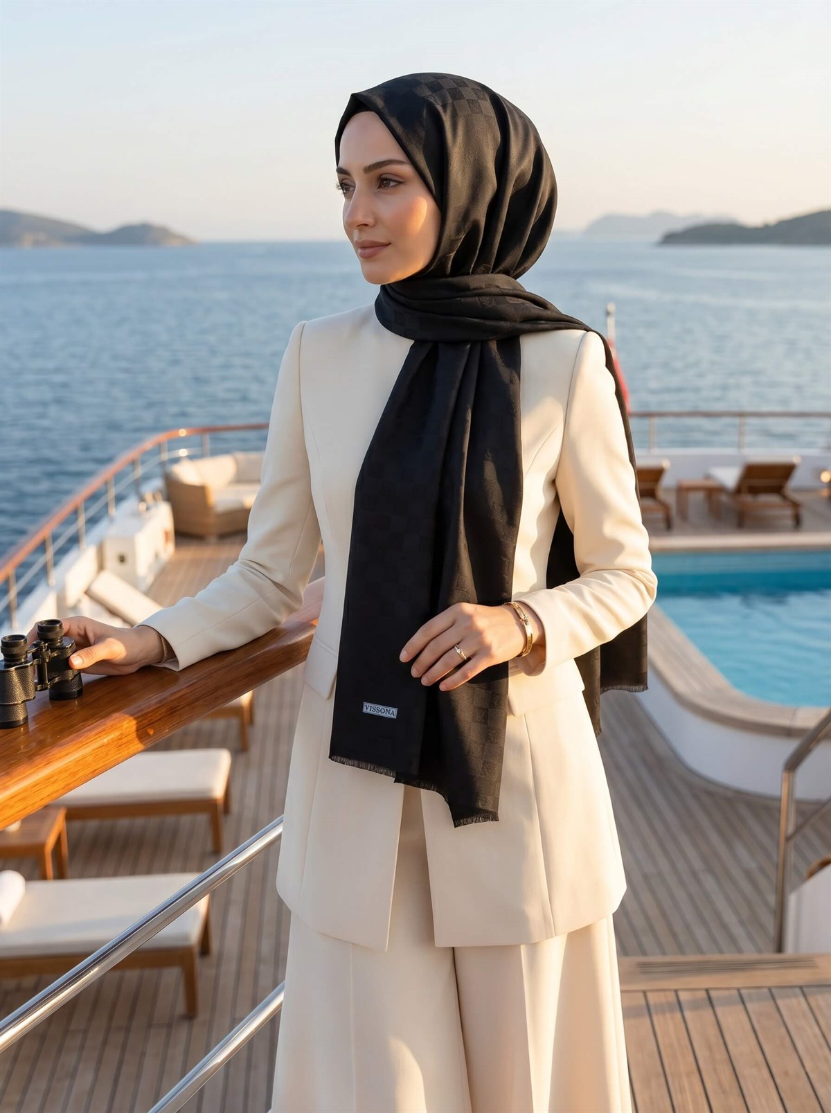 %57 İpek %43 Pamuk Monogram Dokumalı Siyah Renkli 70X190 Yumuşak Dökümlü Şal