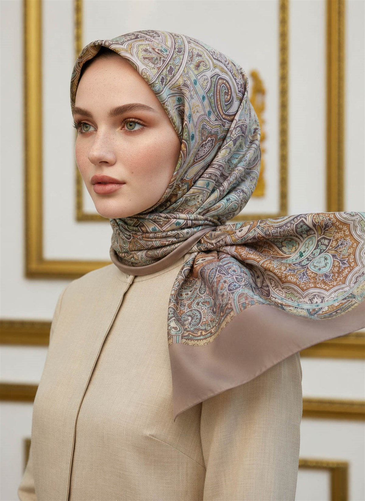 %100 Saf İpek Şal İnce Saten Vual Dokuma Etnik Desenli Taş Renkli 90x210 Şal