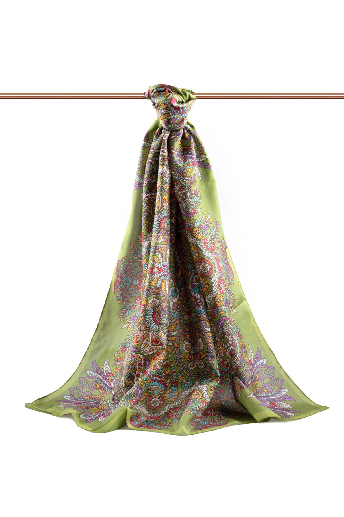 100% İpek Etro Desenli Fıstık Yeşili - Kırmızı Renkli 92x210 Şal