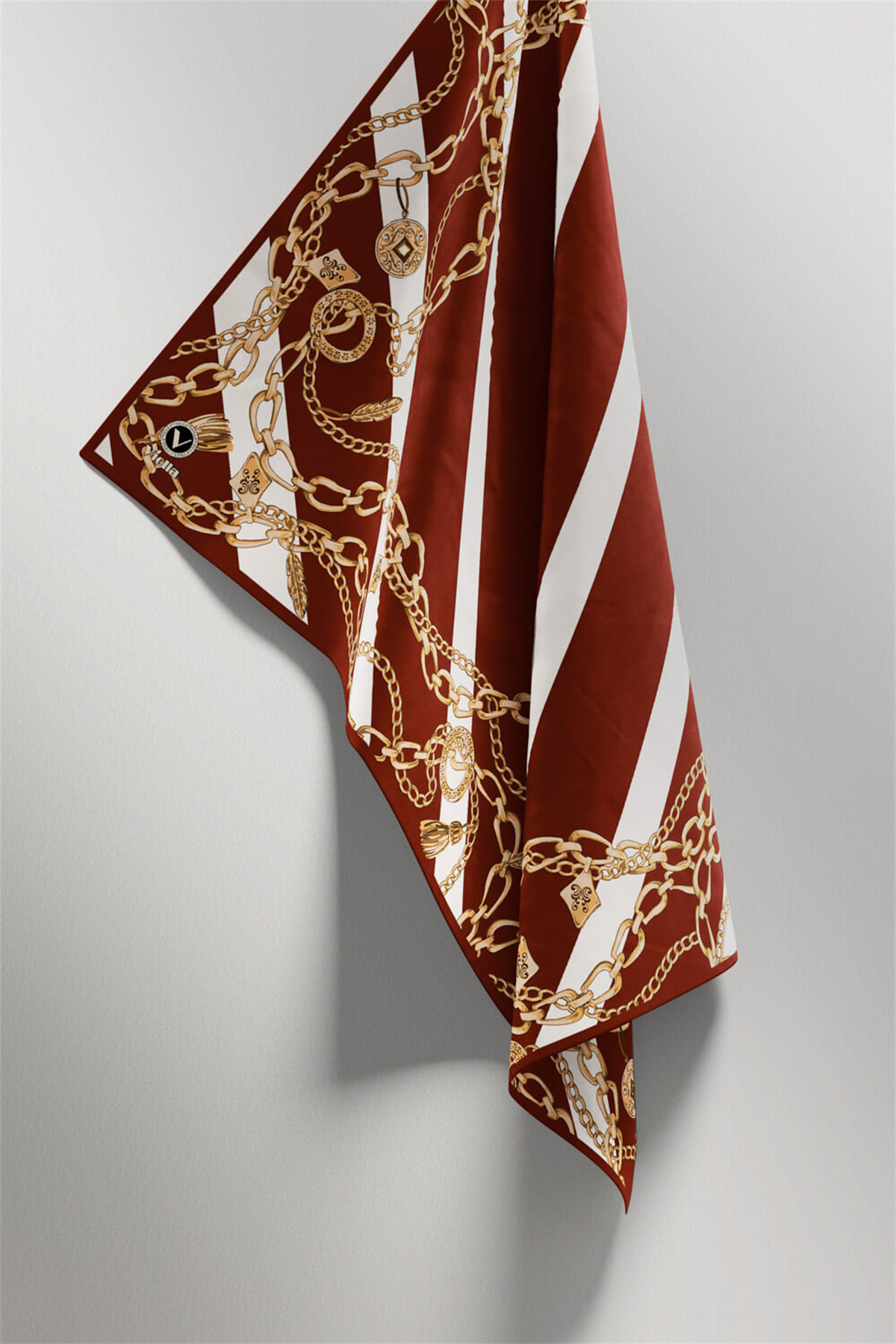 Twill Çizgili Zincir Desenli Bordo Renkli 90x90 Eşarp (İpek İçermez) Kenar Dikiş Şekli El Dikişli