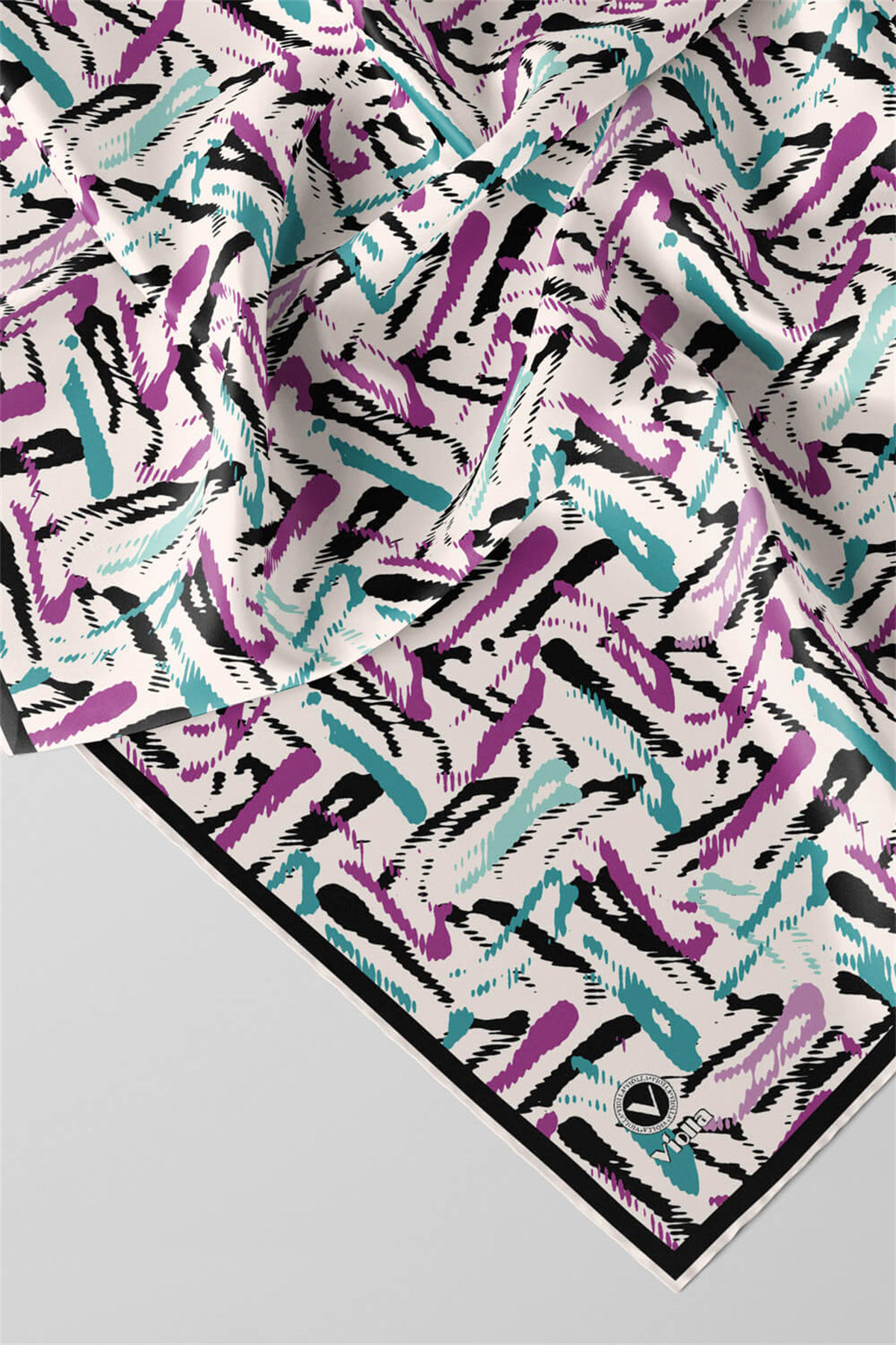 Twill Geometrik Desenli Mürdüm - Petrol Yeşili Renkli 90x90 Eşarp (İpek İçermez) Dikim Şekli : El Dikişi