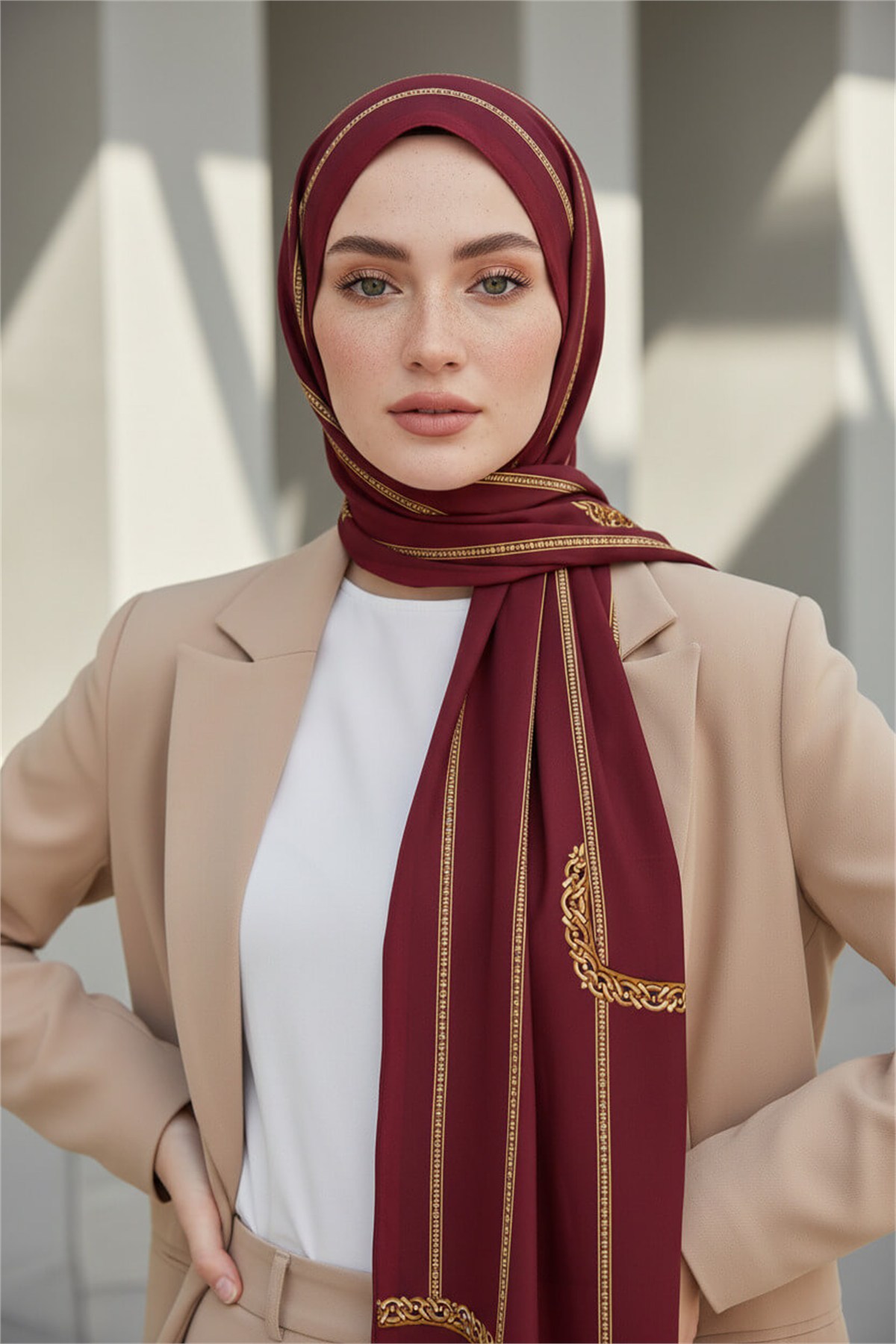 KREP ZİNCİR DESENLİ BORDO RENKLİ 75X195 KIRIŞMAZ ŞAL