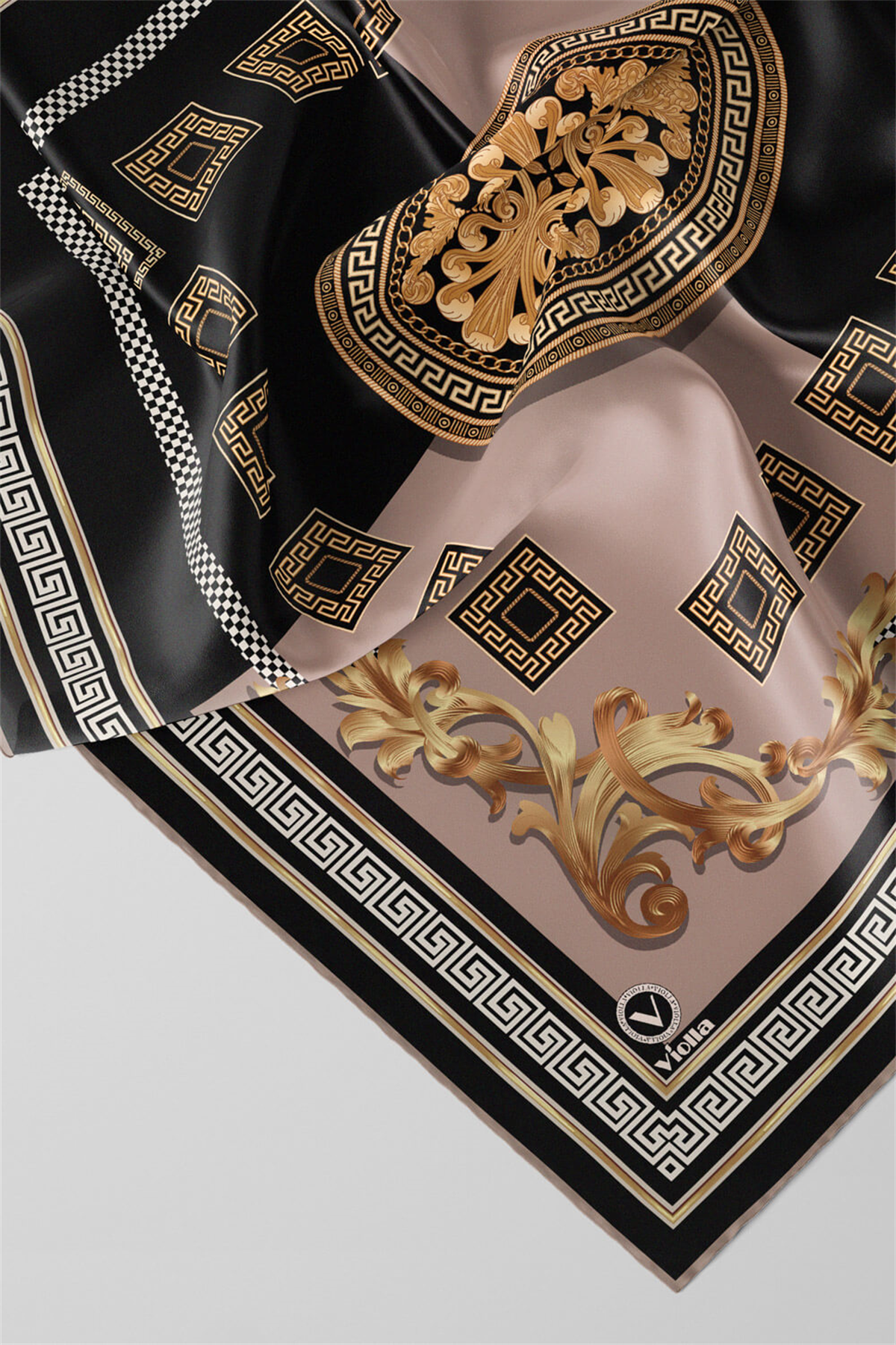Twill Barok Desenli Bej Renkli 90x90 Eşarp (İpek İçermez) Kenar Dikiş Şekli El Dikişli