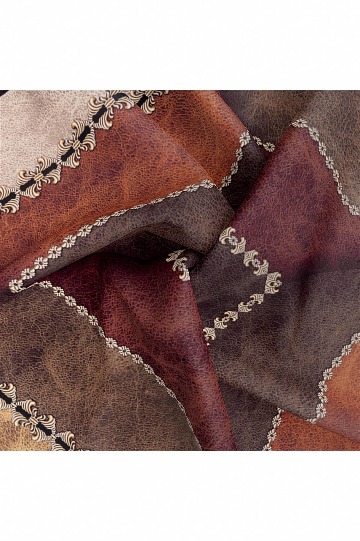 %100 Twill İpek Geometrik Desenli Taba - Hardal Renkli 90x90 Eşarp Dikim Şekli : El Dikişi