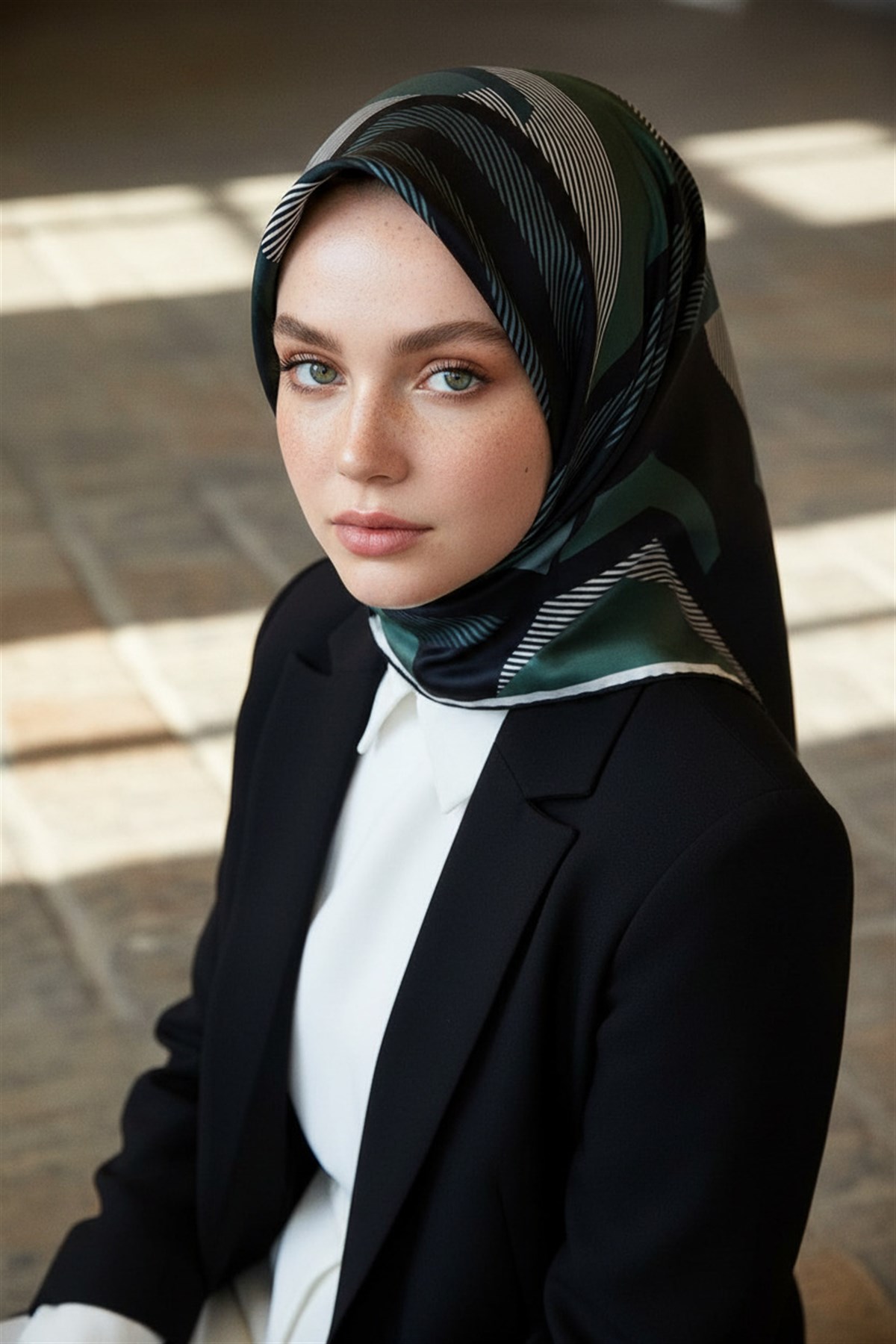 %100 Twill İpek Geometrik Desenli Zümrüt Yeşili - Siyah Renkli 90x90 Eşarp Dikim Şekli : El Dikişi