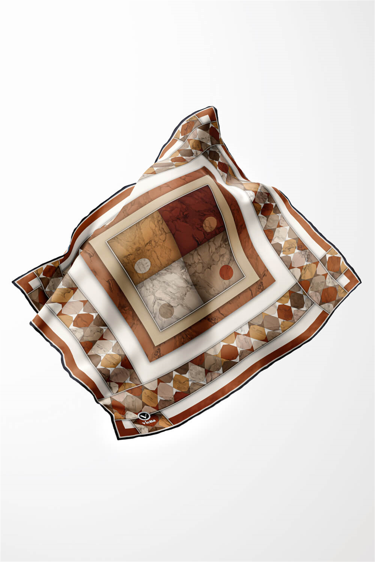 Twill Geometrik Mermer Desenli Taba Renkli 90x90 Eşarp (İpek İçermez) Kenar Dikiş Şekli El Dikişli