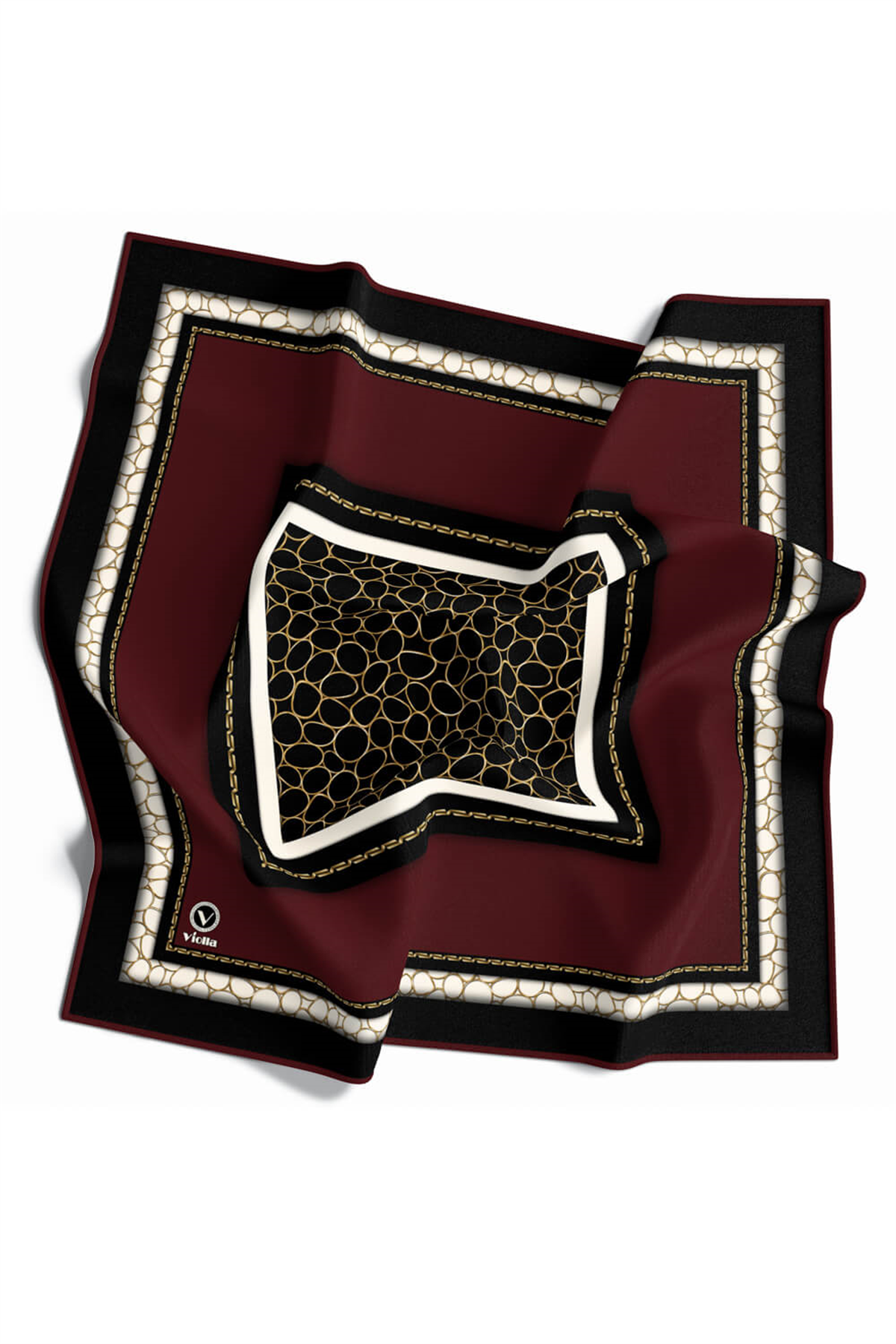 Twill Zincir Desenli Bordo Renkli 90x90 Eşarp (İpek İçermez) Kenar Dikiş Şekli El Dikişli