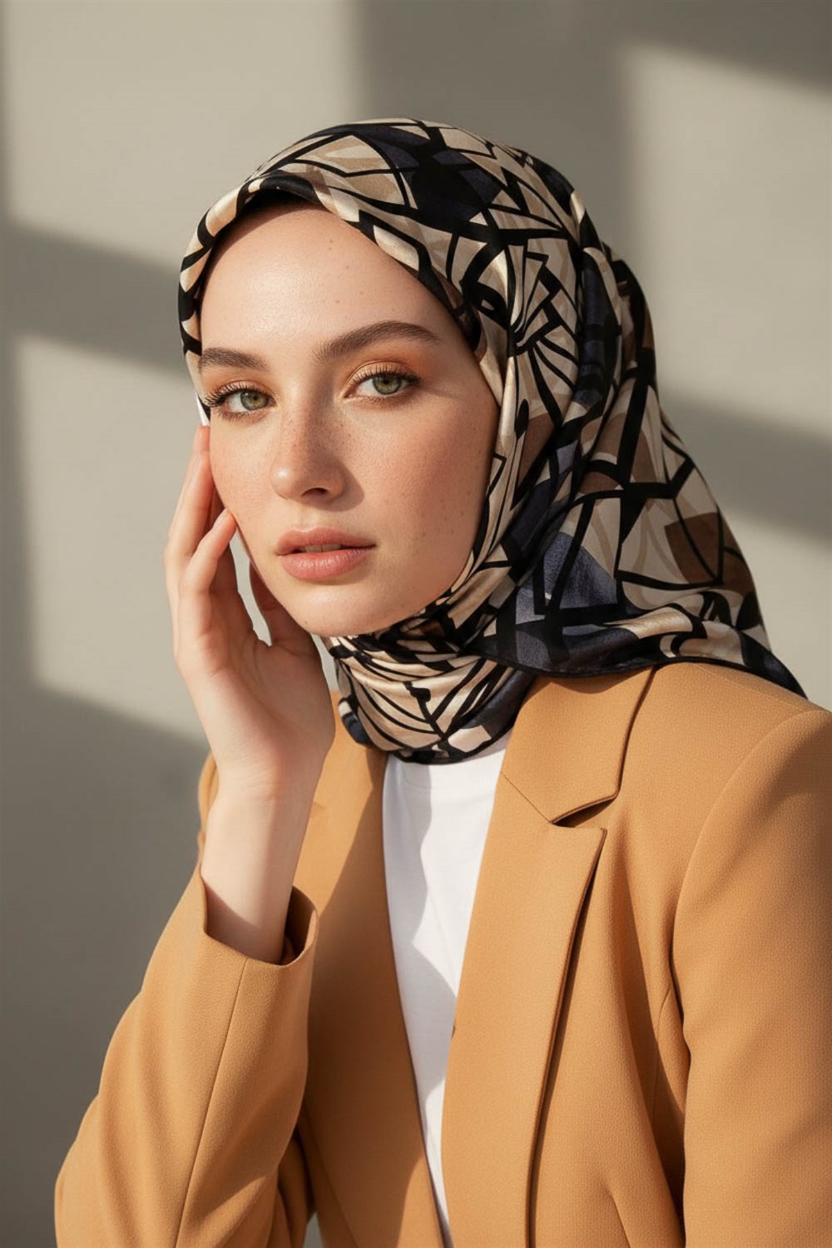 %100 Twill Renkli Petek Desenli Bej - Gri Renkli 90x90 Eşarp Dikim Şekli: El Dikişii