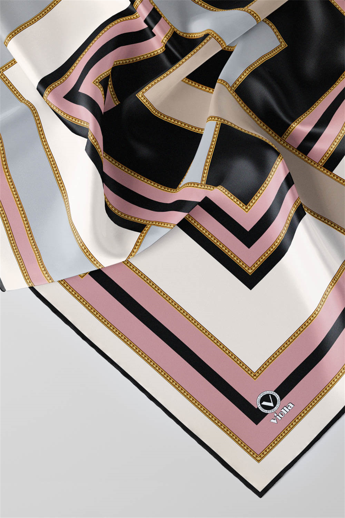 Twill Çerçeve Desenli Gri - Pudra Renkli 90x90 Eşarp (İpek İçermez) Kenar Dikiş Şekli El Dikişli