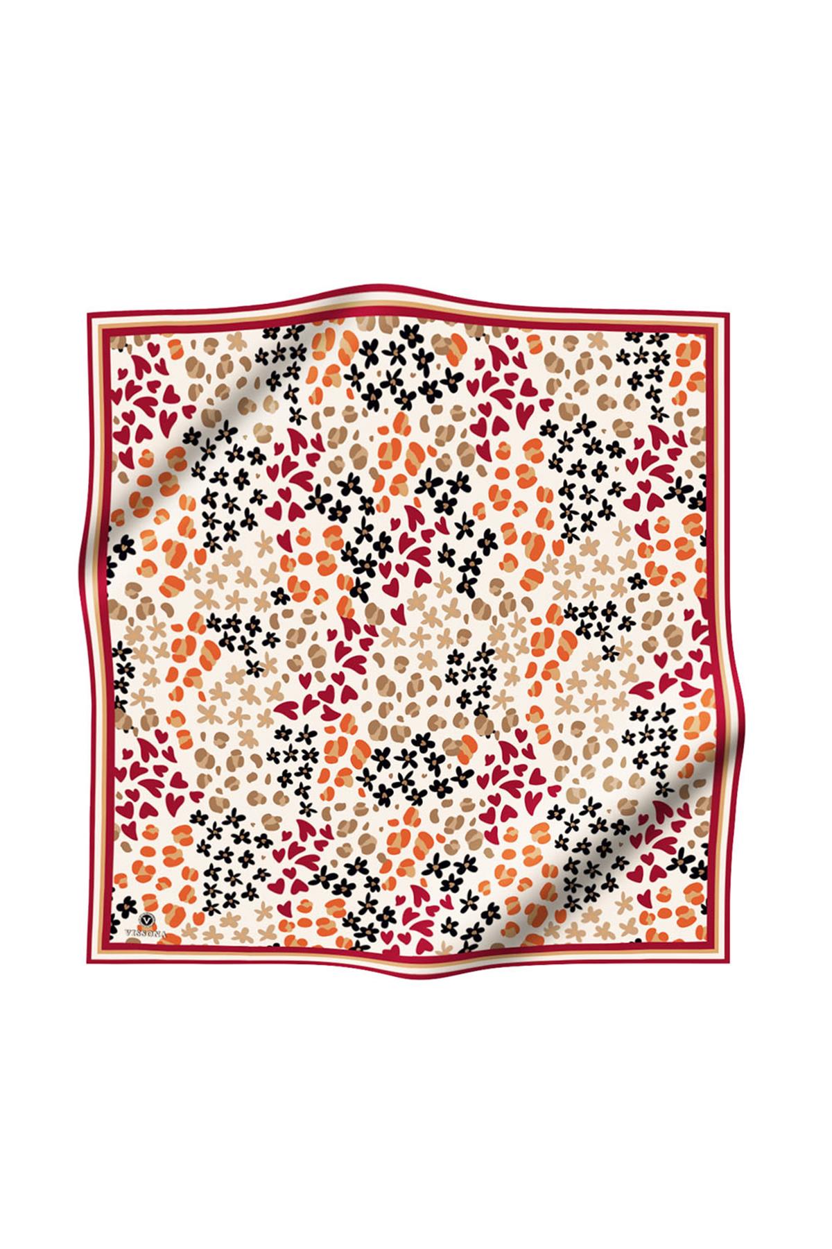 %100 Twill İpek Kalpli Leopar Desenli Krem - Bordo Renkli 90x90 Eşarp Dikim Şekli : El Dikişi