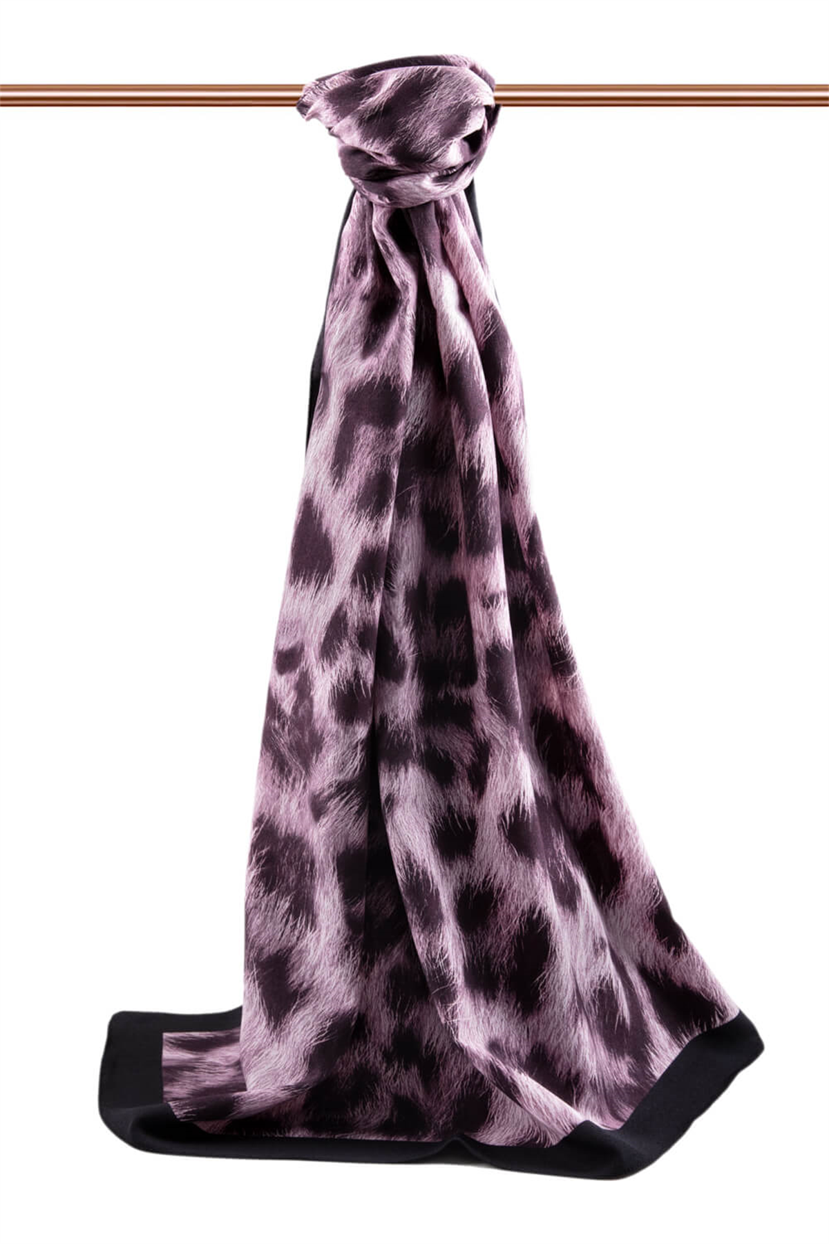 LÜKS MEDİNE İPEĞİ LEOPAR DESENLİ GÜL KURUSU - SİYAH RENKLİ 75X195 KIRIŞMAZ ŞAL MOSS KREP DİKİŞ TİPİ İTALYAN DİKİŞLİ