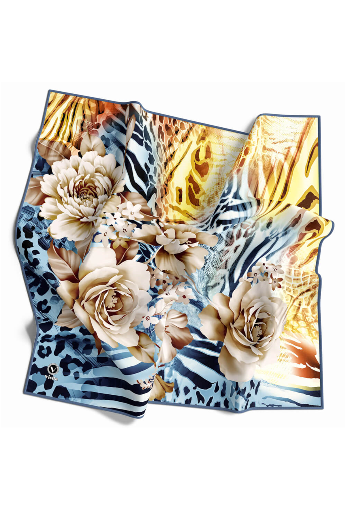 Twill Renkli Şerit Desenli İndigo - Sarı Renkli 90x90 Eşarp (İpek İçermez) Kenar Dikiş Şekli El Dikişli