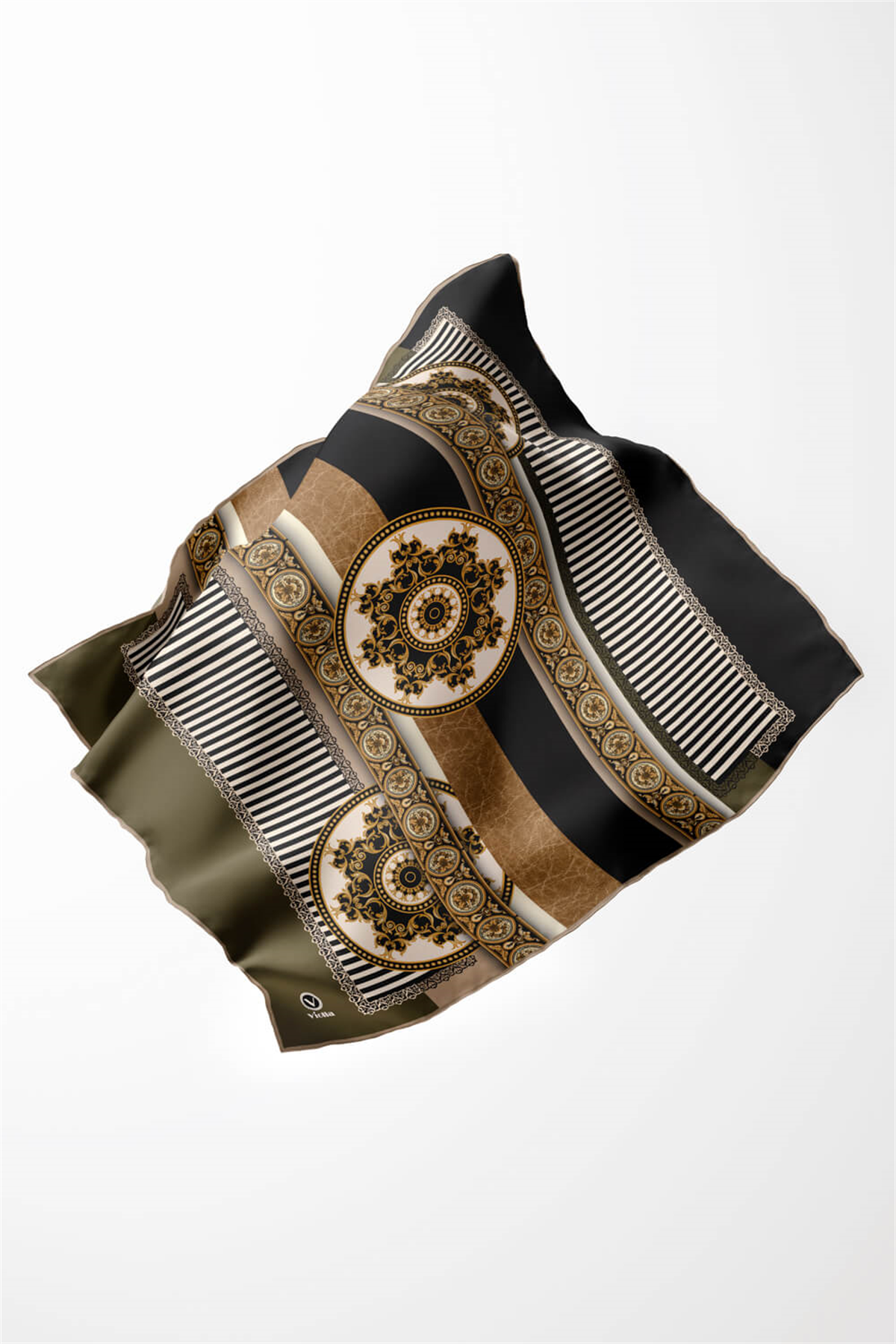 Twill Çizgili ve Barok Desenli Haki Renkli 90x90 Eşarp (İpek İçermez) Kenar Dikiş Şekli El Dikişli