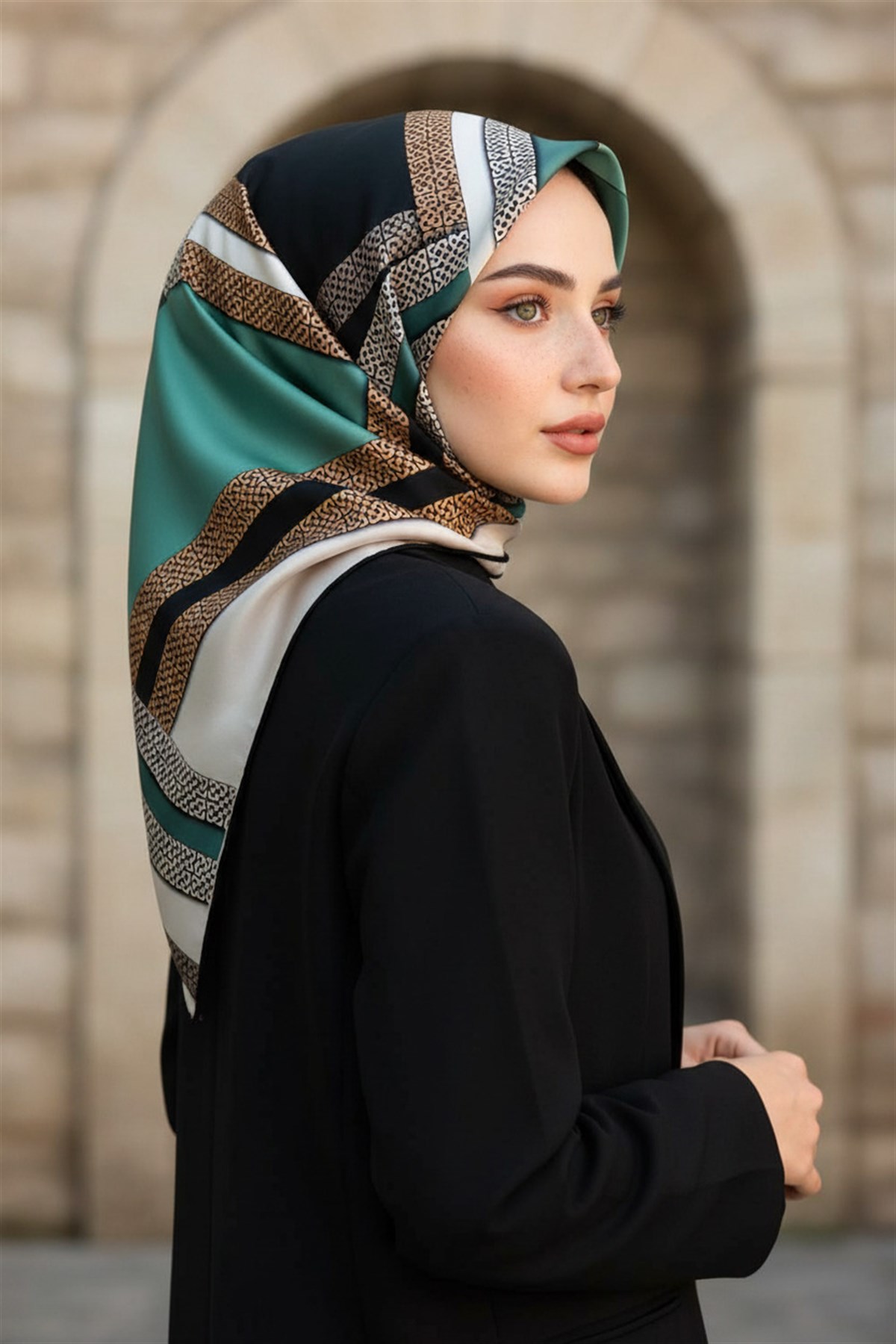 % 57 İPEK % 43 VİSKON Twill İpek Geometrik Desenli Siyah - Mint Yeşili Renkli 90x90 Eşarp Dikim Şekli : El Dikişi
