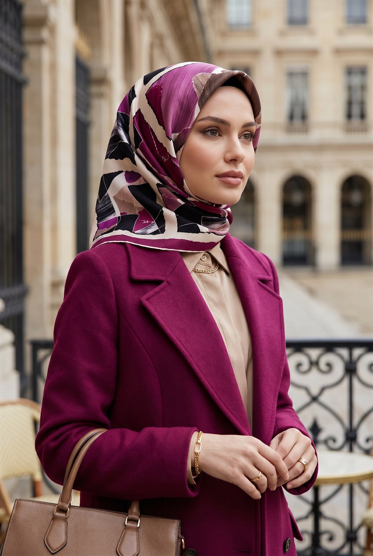 %100 Twill İpek Geometrik Desenli Mürdüm - Somon Renkli 90x90 Eşarp Dikim Şekli : El Dikişi
